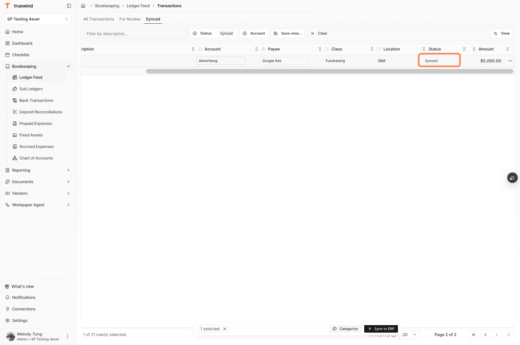 Screenshot showing a synced transaction status in Ledger Feed.