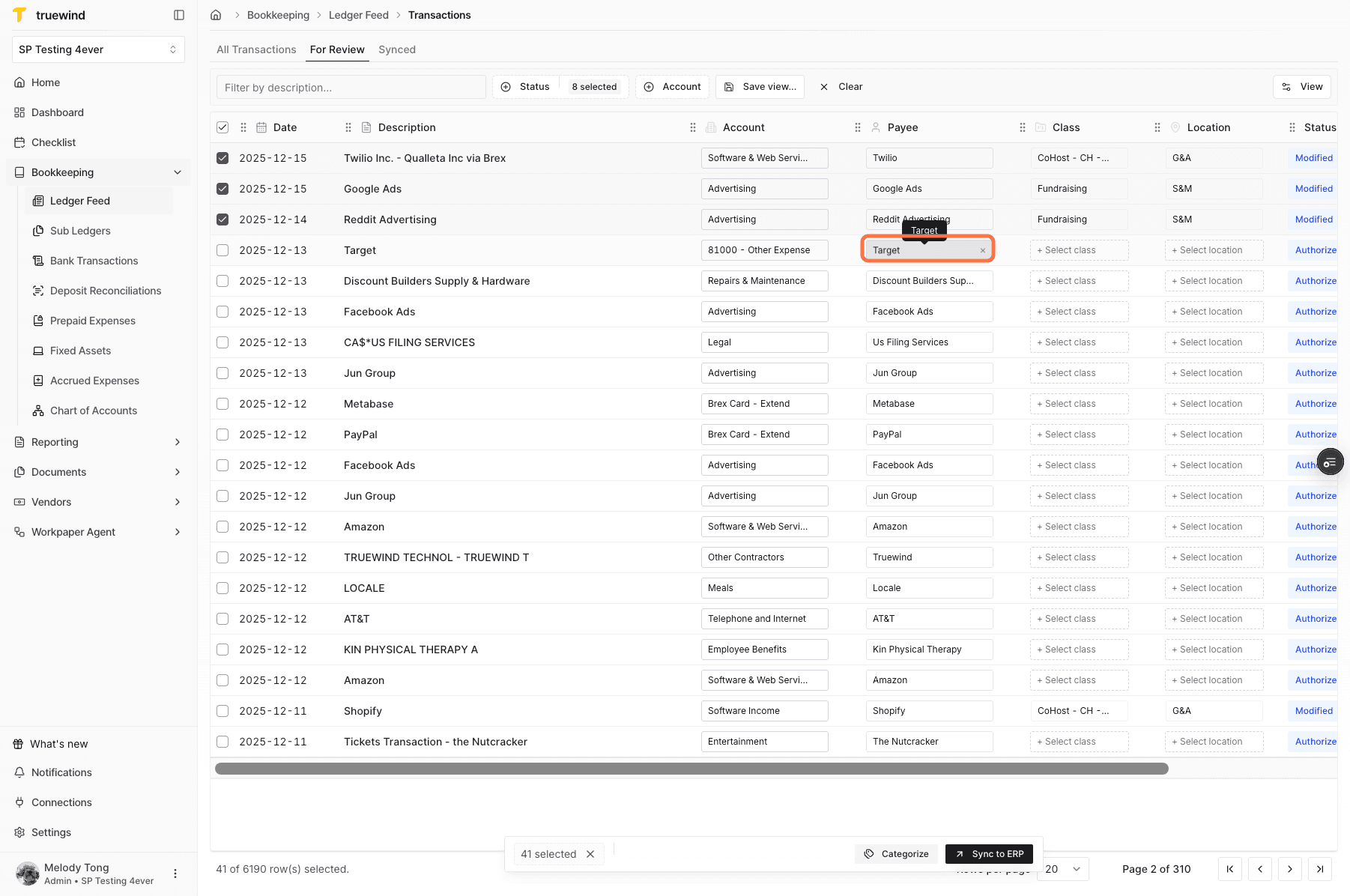 Screenshot showing the payee selector in Ledger Feed.