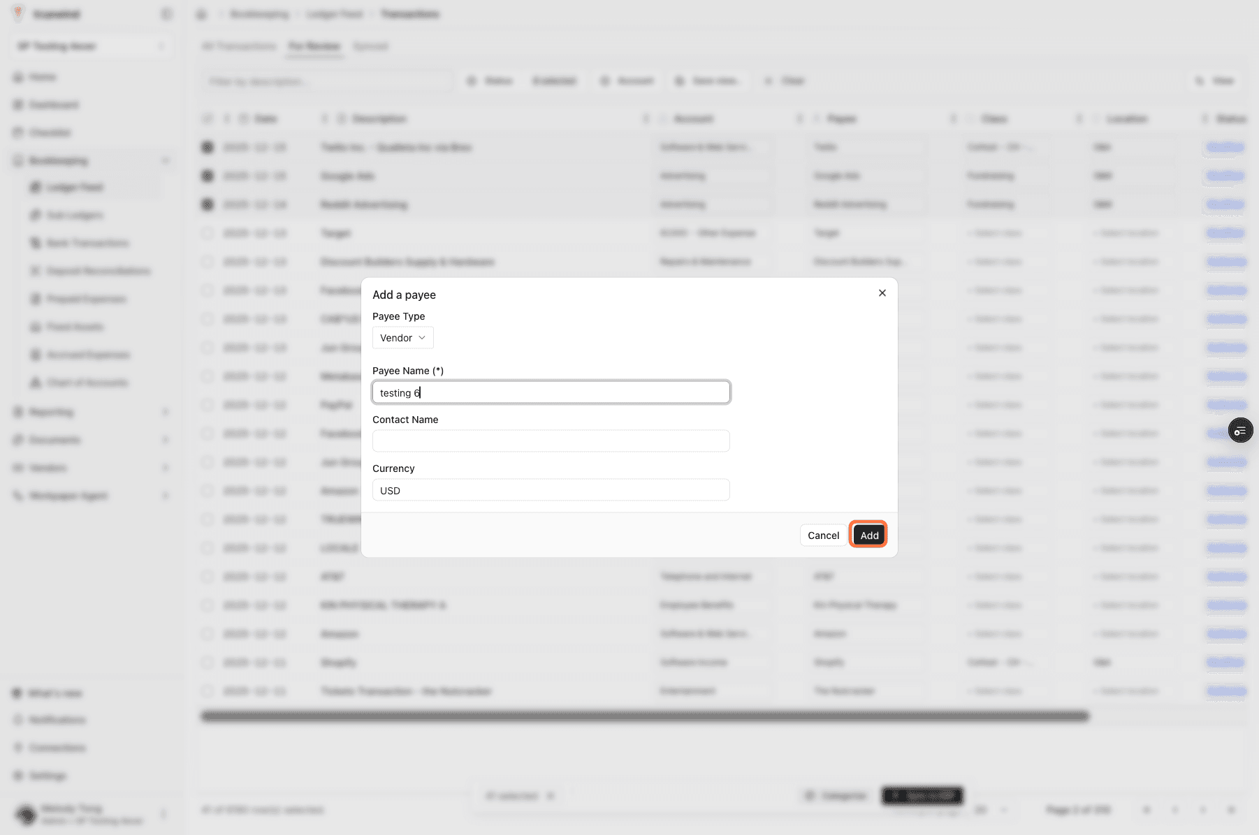Screenshot showing the add vendor action in Ledger Feed.