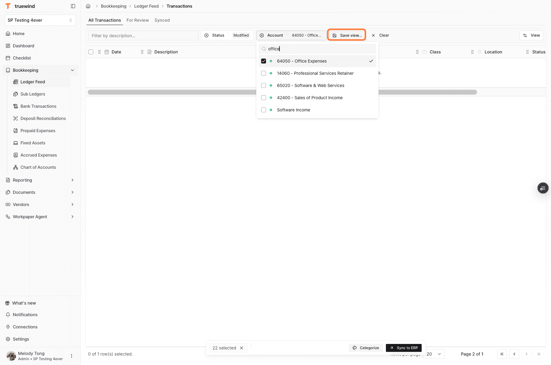 Screenshot showing the Save view action in Ledger Feed.