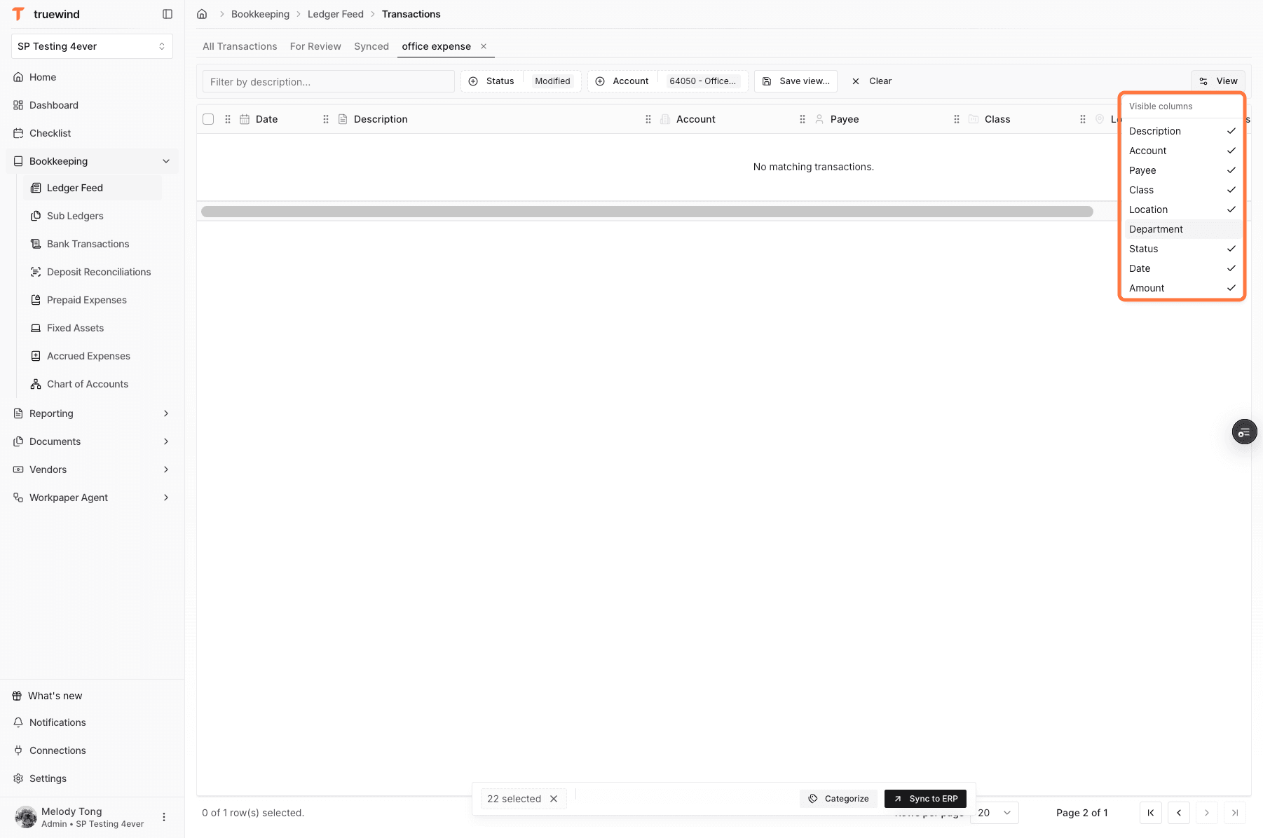 Screenshot showing visible column options in Ledger Feed.