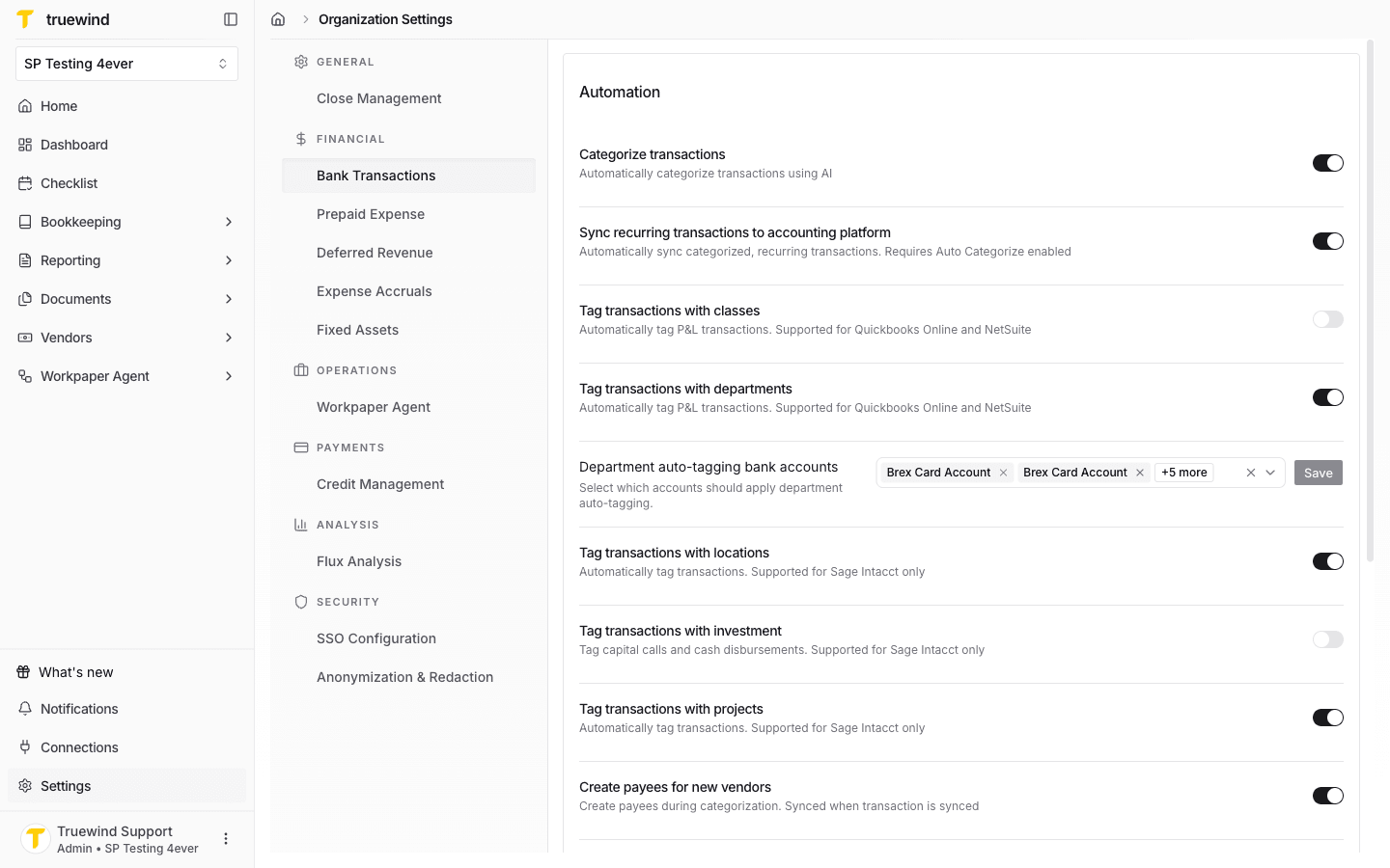 Screenshot showing the Organization Settings area with the Bank Transactions settings tab available.