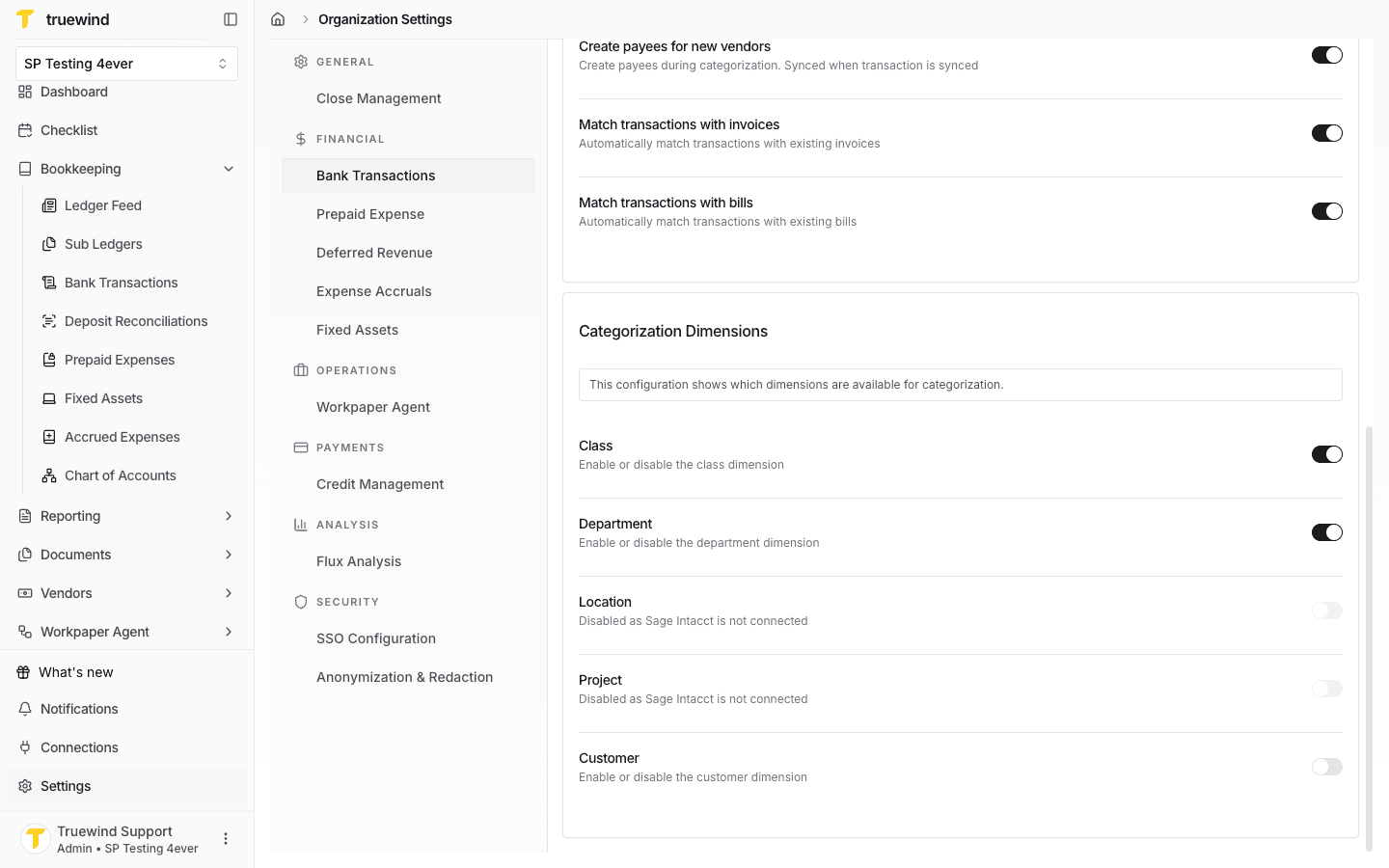 Screenshot showing the Categorization Dimensions section with dimension availability toggles for bank transaction categorization.