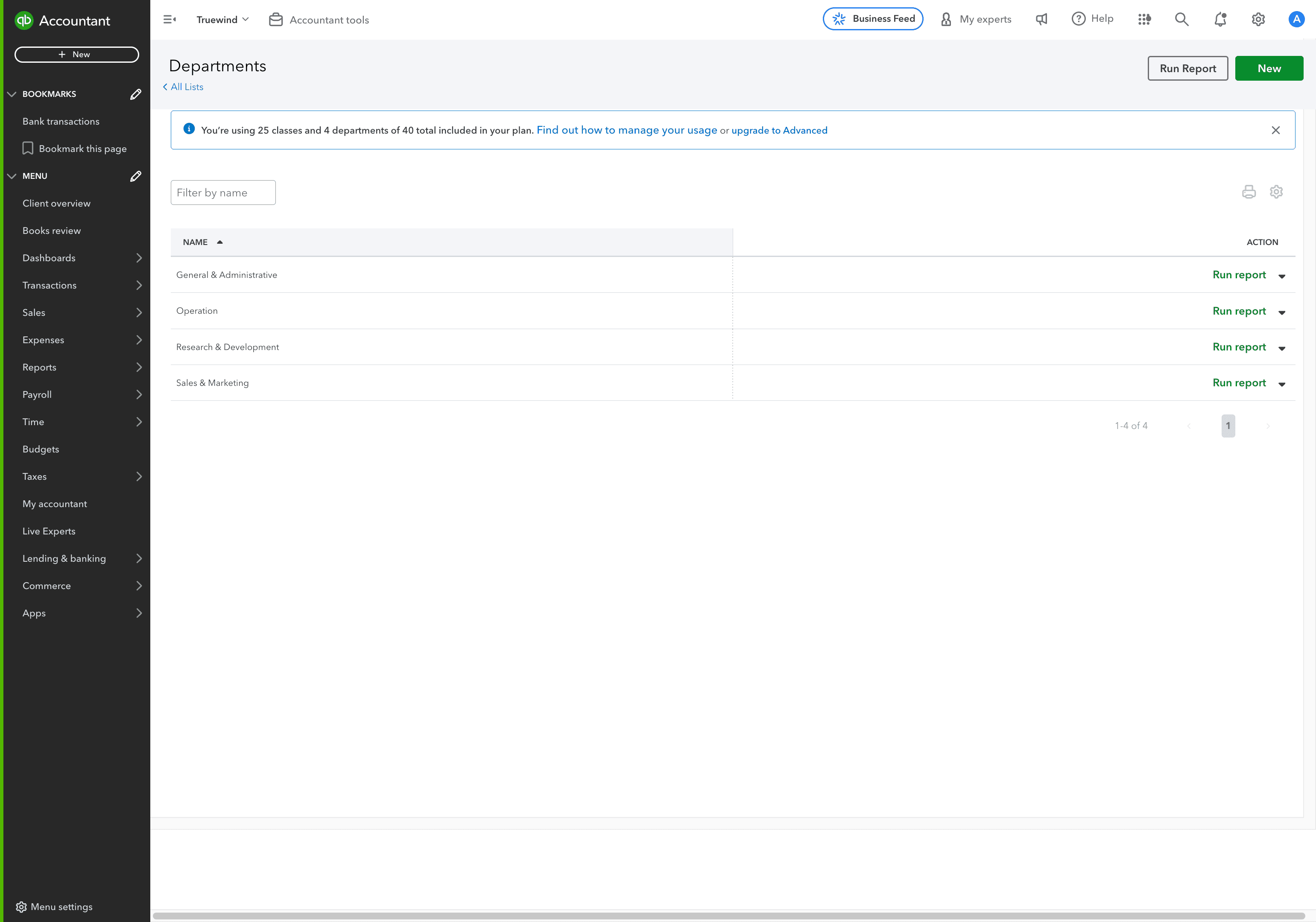 Screenshot showing Click Departments Run Report New All Lists You’re using 25 classes and 4 departments of 40 total included in your plan. Find out how to manage your usage or upgrade to Advanced NAME ACTION General & Administrative Run report Operation Run report Research & Devel…