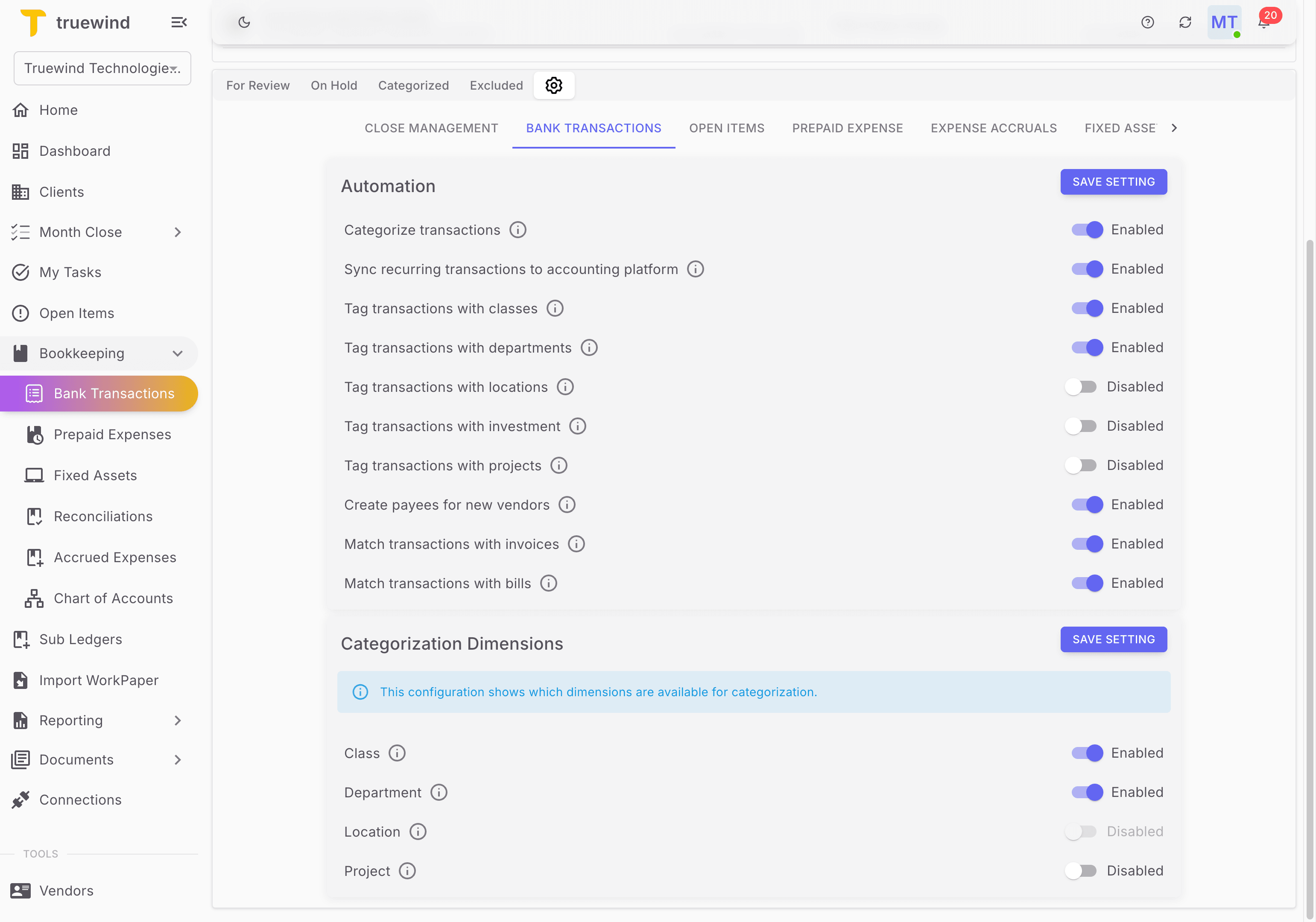 Screenshot showing In Truewind, go to Bank Transactions Setting
