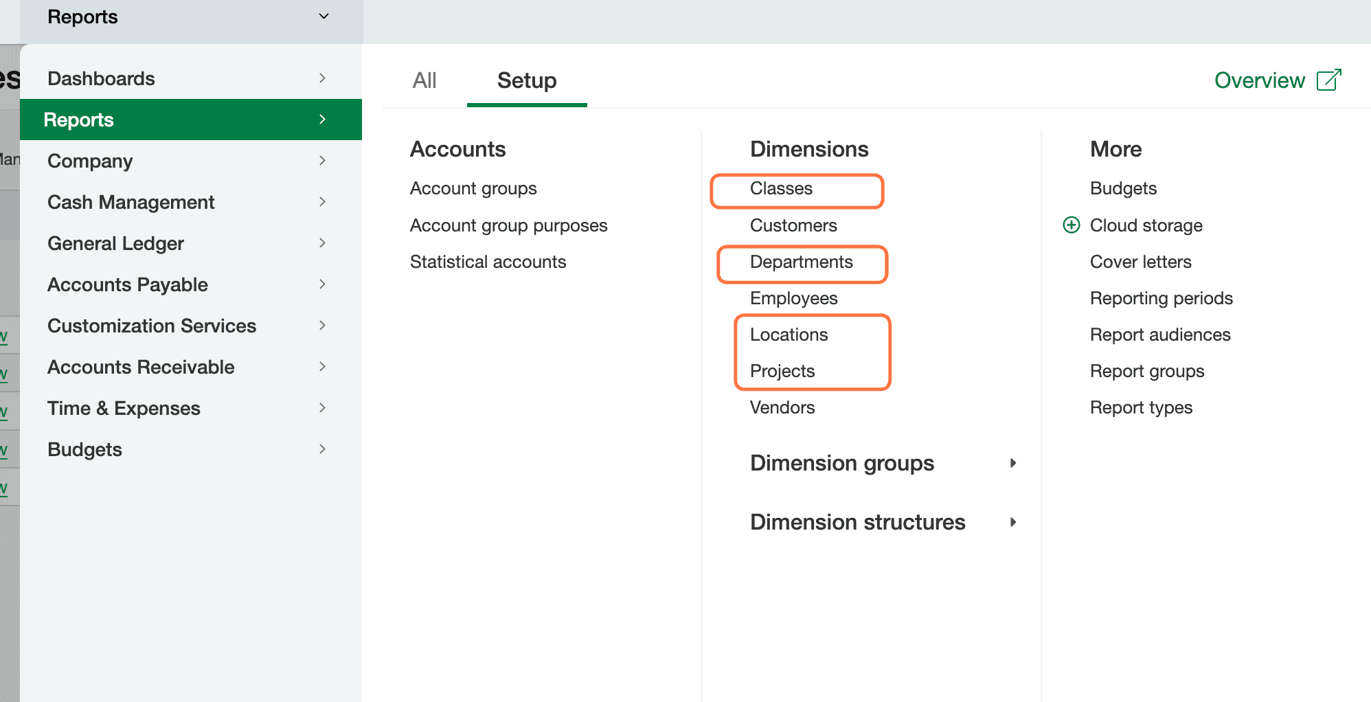 Screenshot showing In Sage, there're four dimensions - class - Department - Location - Project