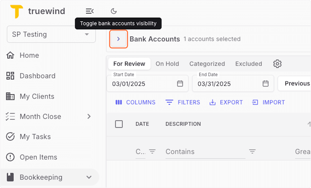 Screenshot showing Click Toggle bank accounts visibility