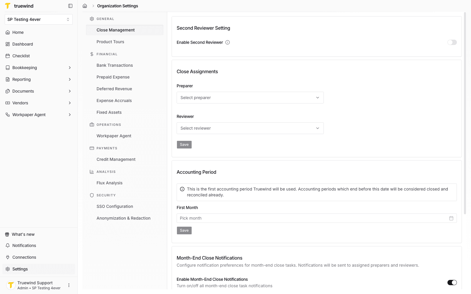 Organization Settings page with SP Testing 4ever selected.
