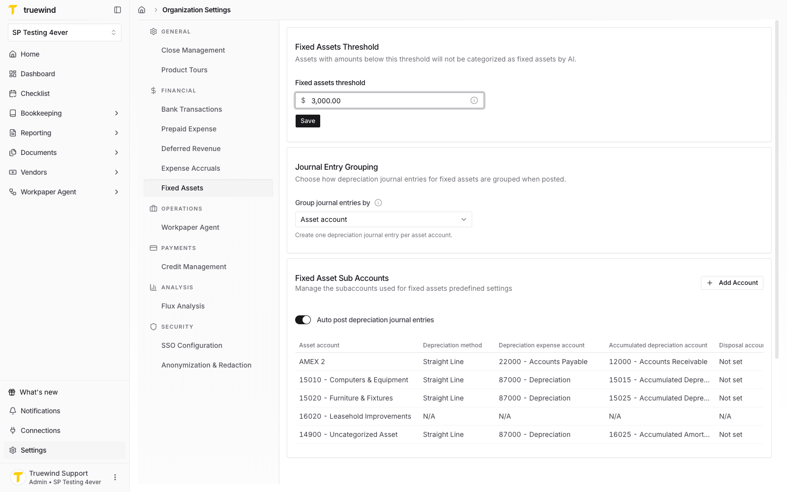 Fixed Assets Threshold card with an edited threshold amount and Save button.