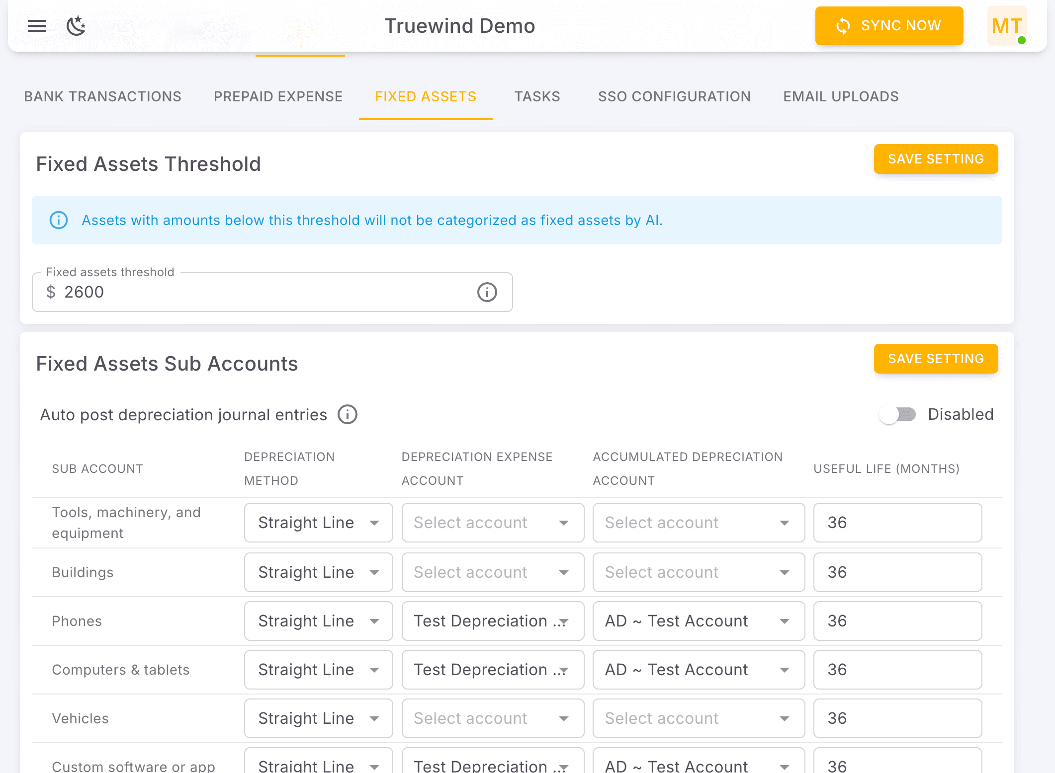 Screenshot showing Select Fixed Assets Threshold…