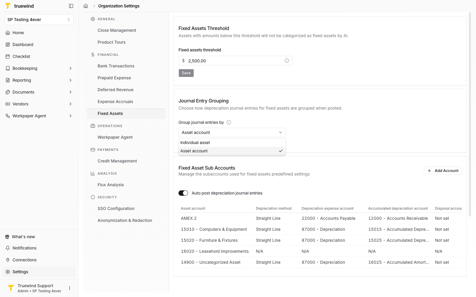 Journal Entry Grouping menu with Individual asset and Asset account options.