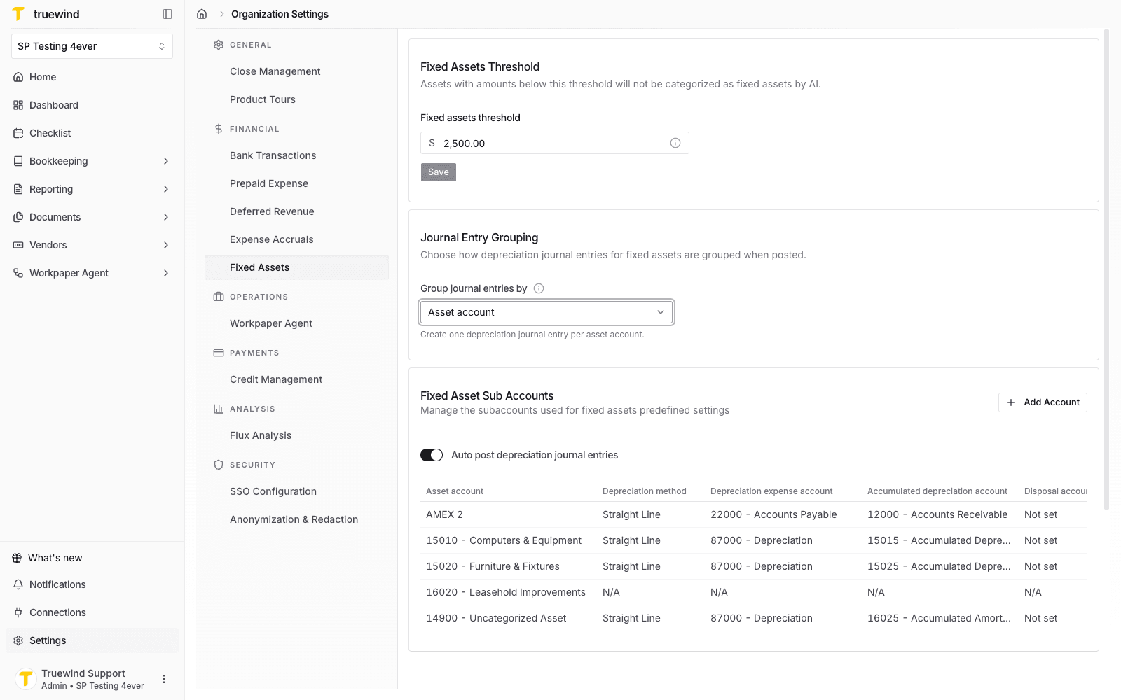 Fixed Asset Sub Accounts table showing asset accounts and default depreciation settings.