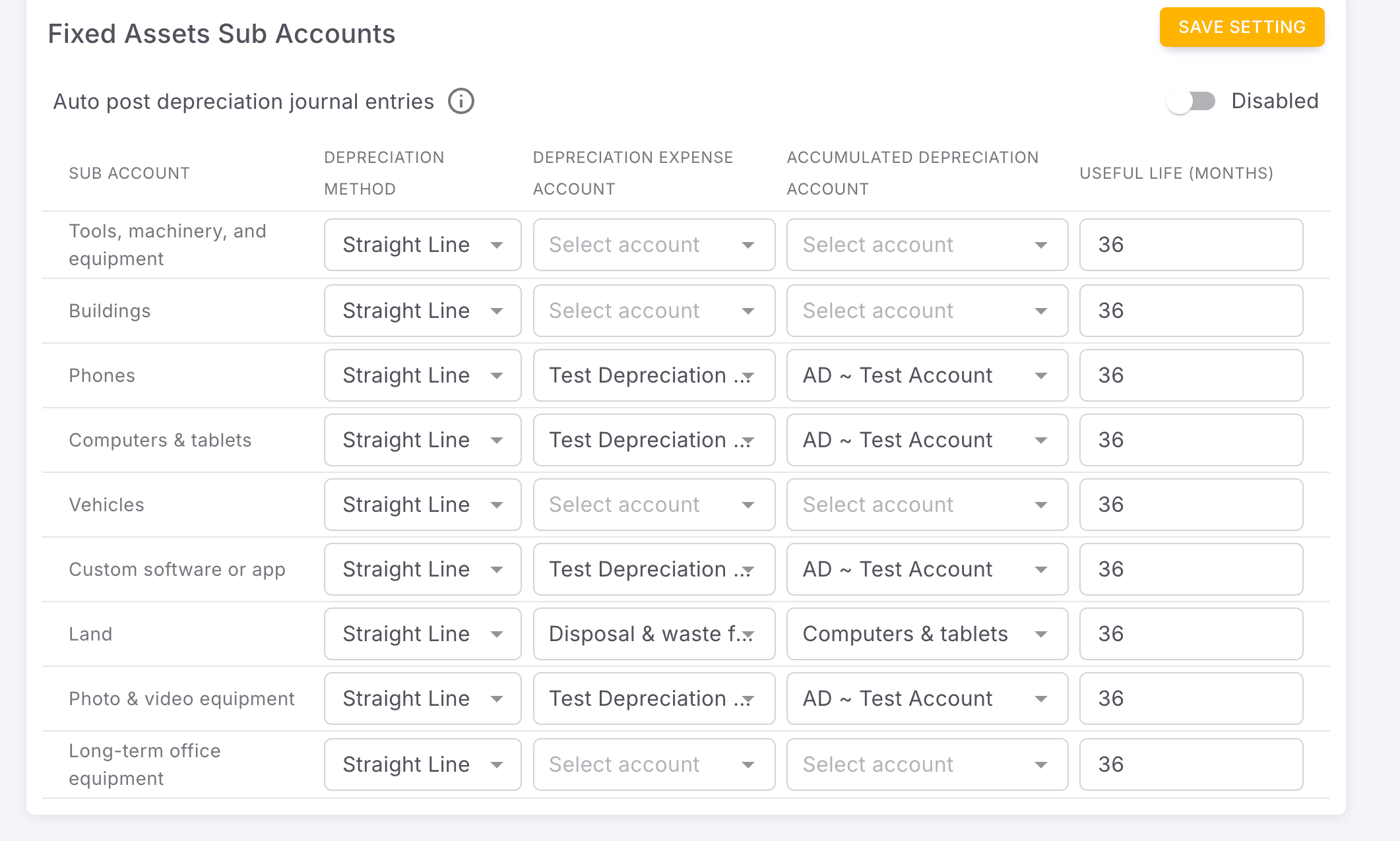 Screenshot showing Review Fixed Assets subaccount defaults