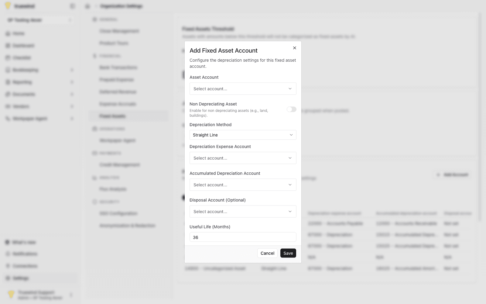 Add Fixed Asset Account dialog for configuring account defaults.