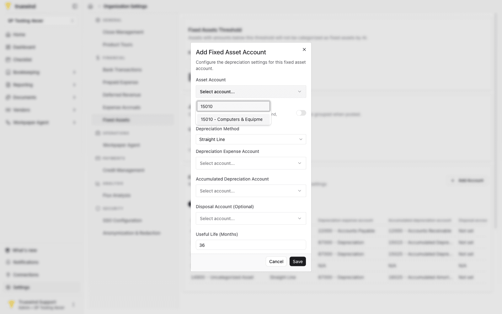 Add Fixed Asset Account dialog with the asset account search filtered to Computers and Equipment.