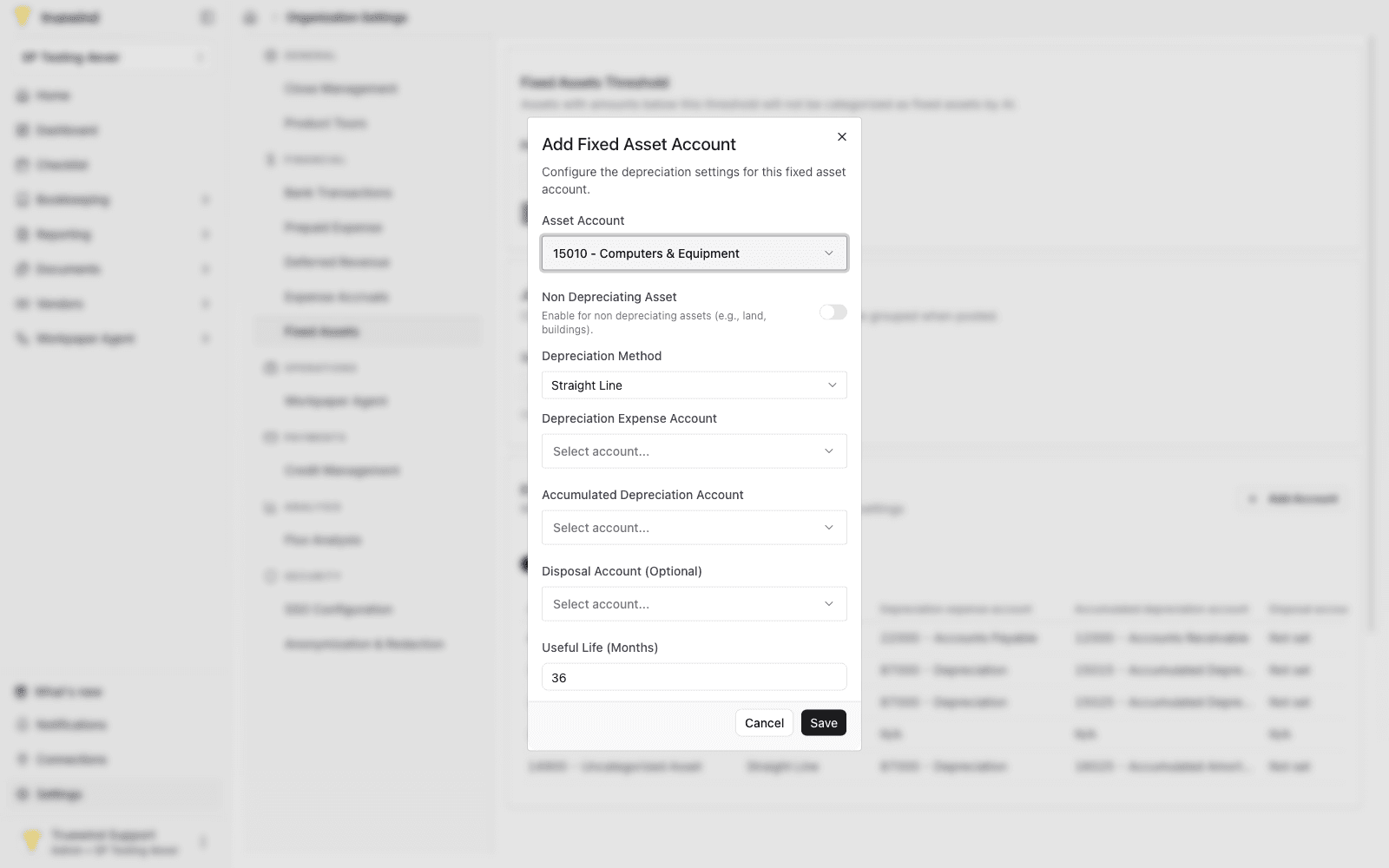 Add Fixed Asset Account dialog showing the Non Depreciating Asset toggle.
