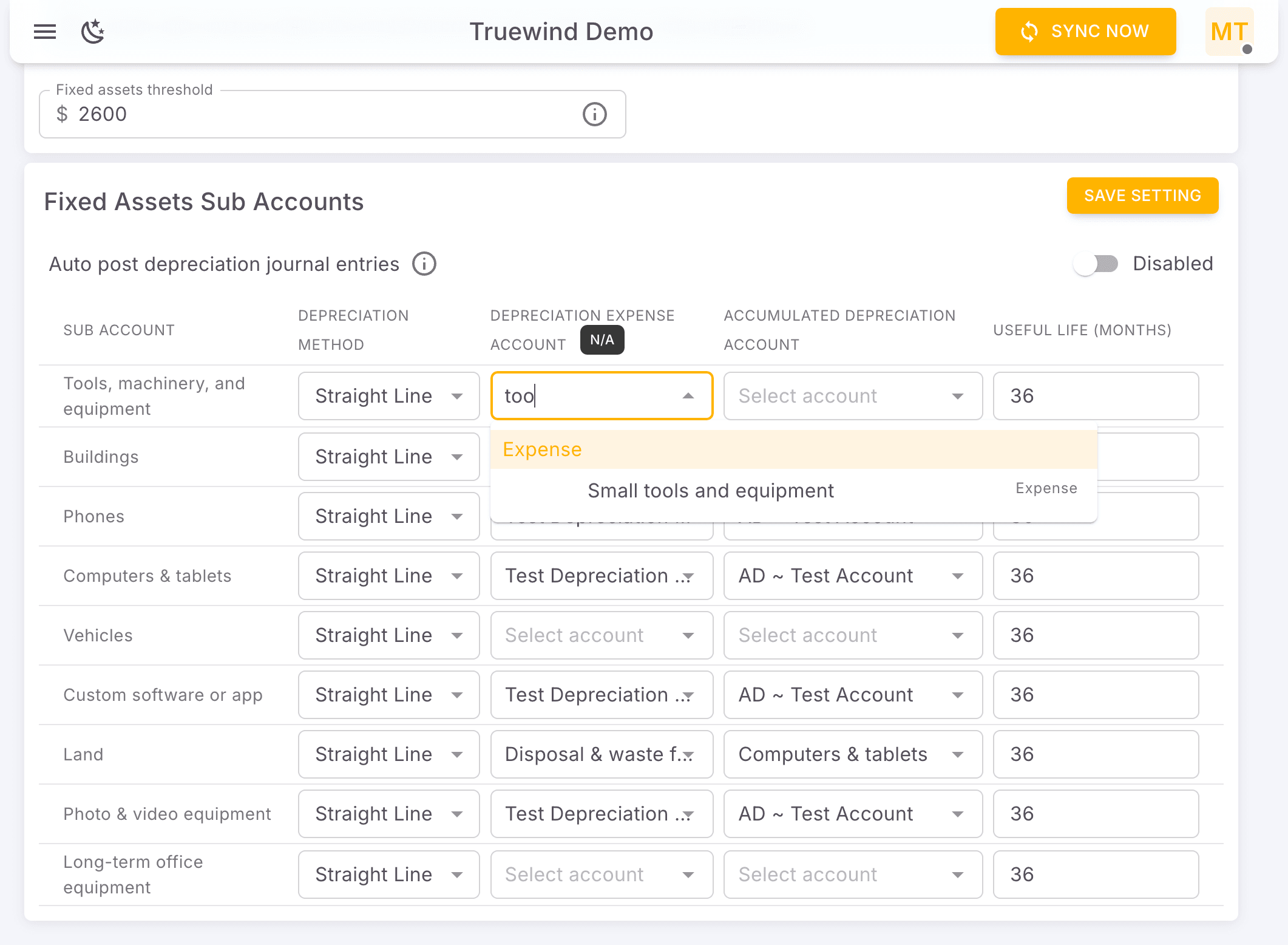 Screenshot showing Choose Depreciation Expense Account