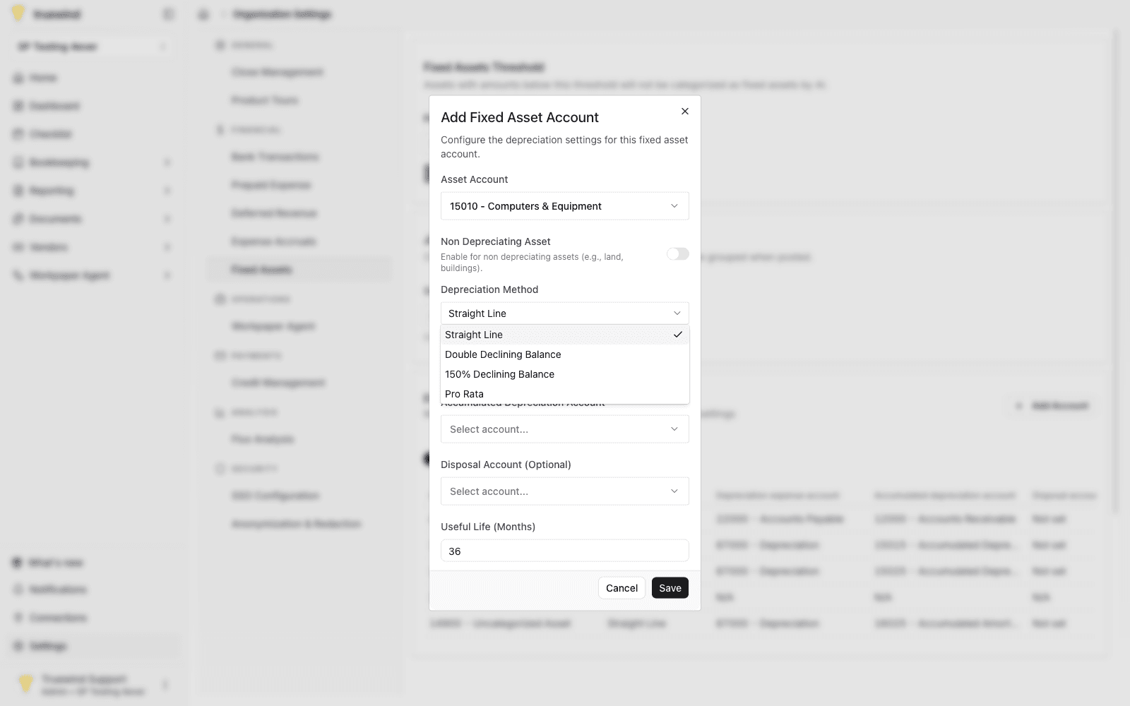 Depreciation Method menu with Straight Line and accelerated depreciation options.