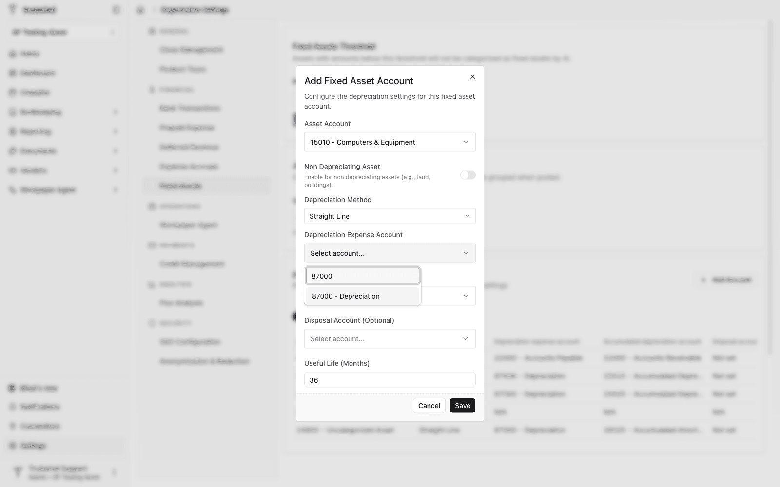 Depreciation Expense Account search filtered to the Depreciation account.