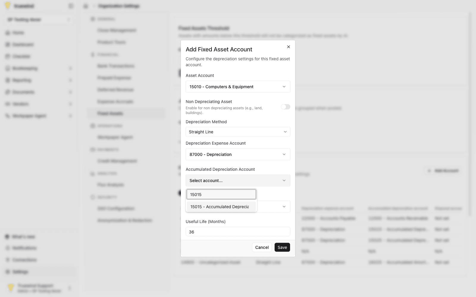 Accumulated Depreciation Account search filtered to a computers accumulated depreciation account.