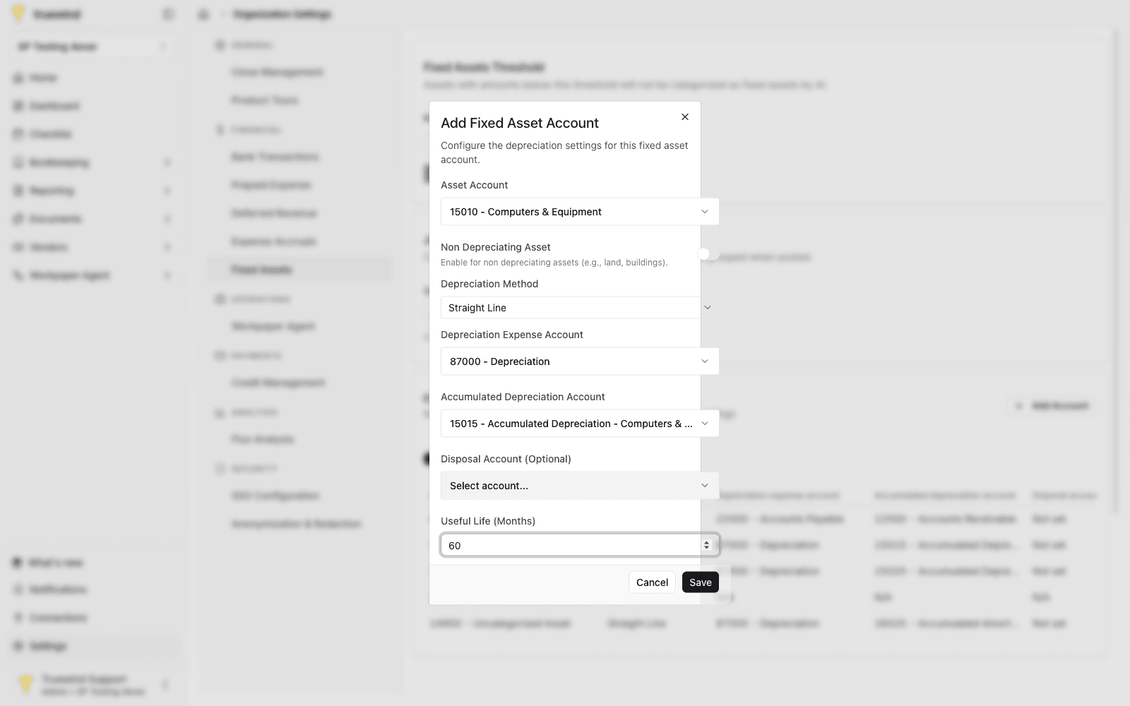 Add Fixed Asset Account dialog ready for final review before saving account defaults.