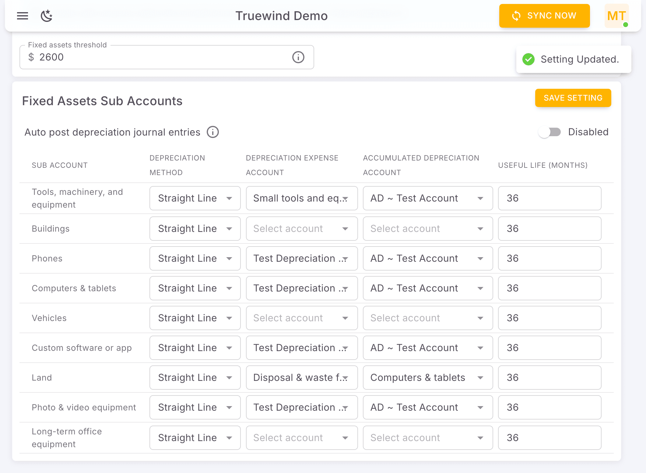 Screenshot showing Select Fixed Assets Threshold…