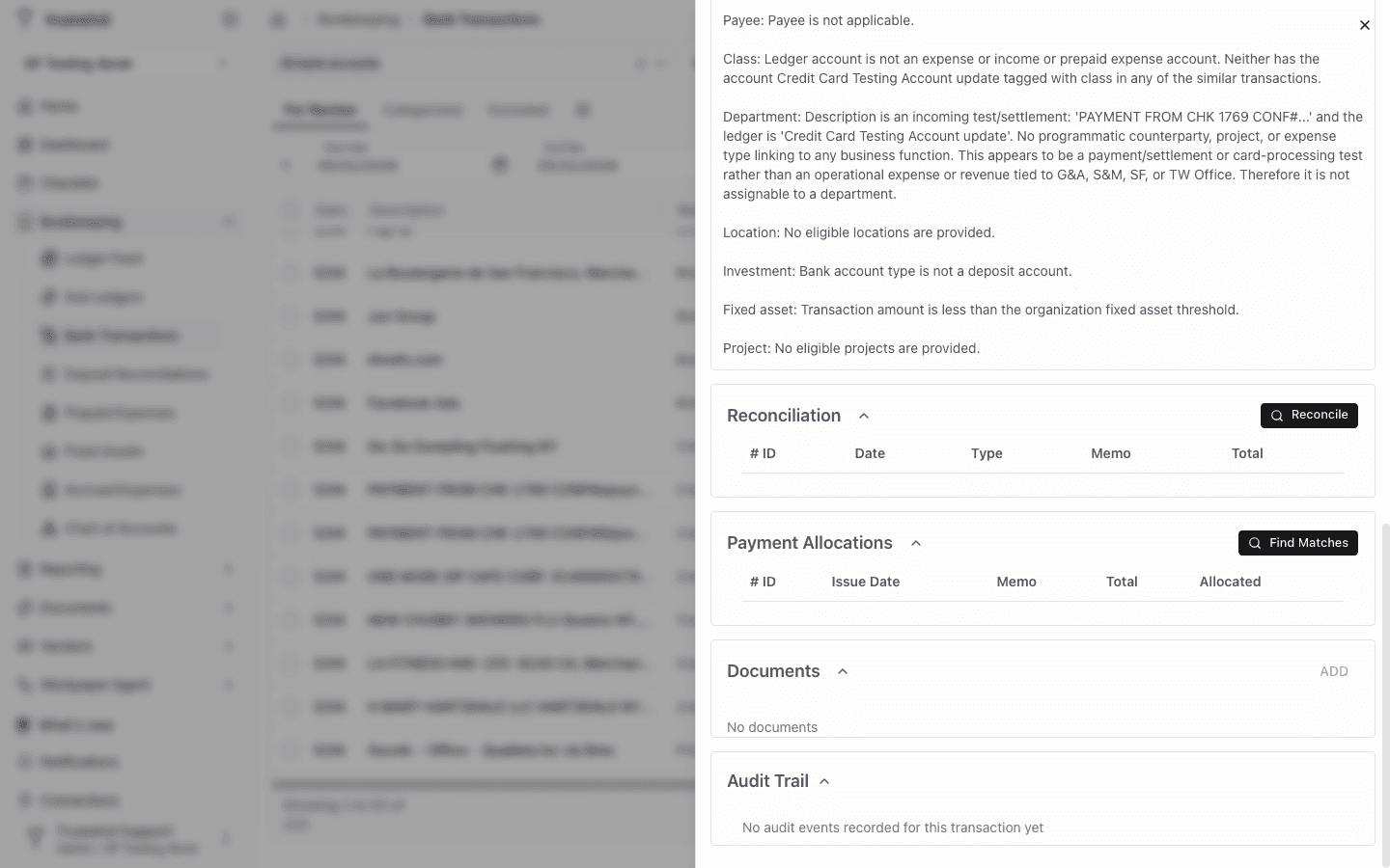 Screenshot showing the Payment Allocations card inside the transaction detail panel.