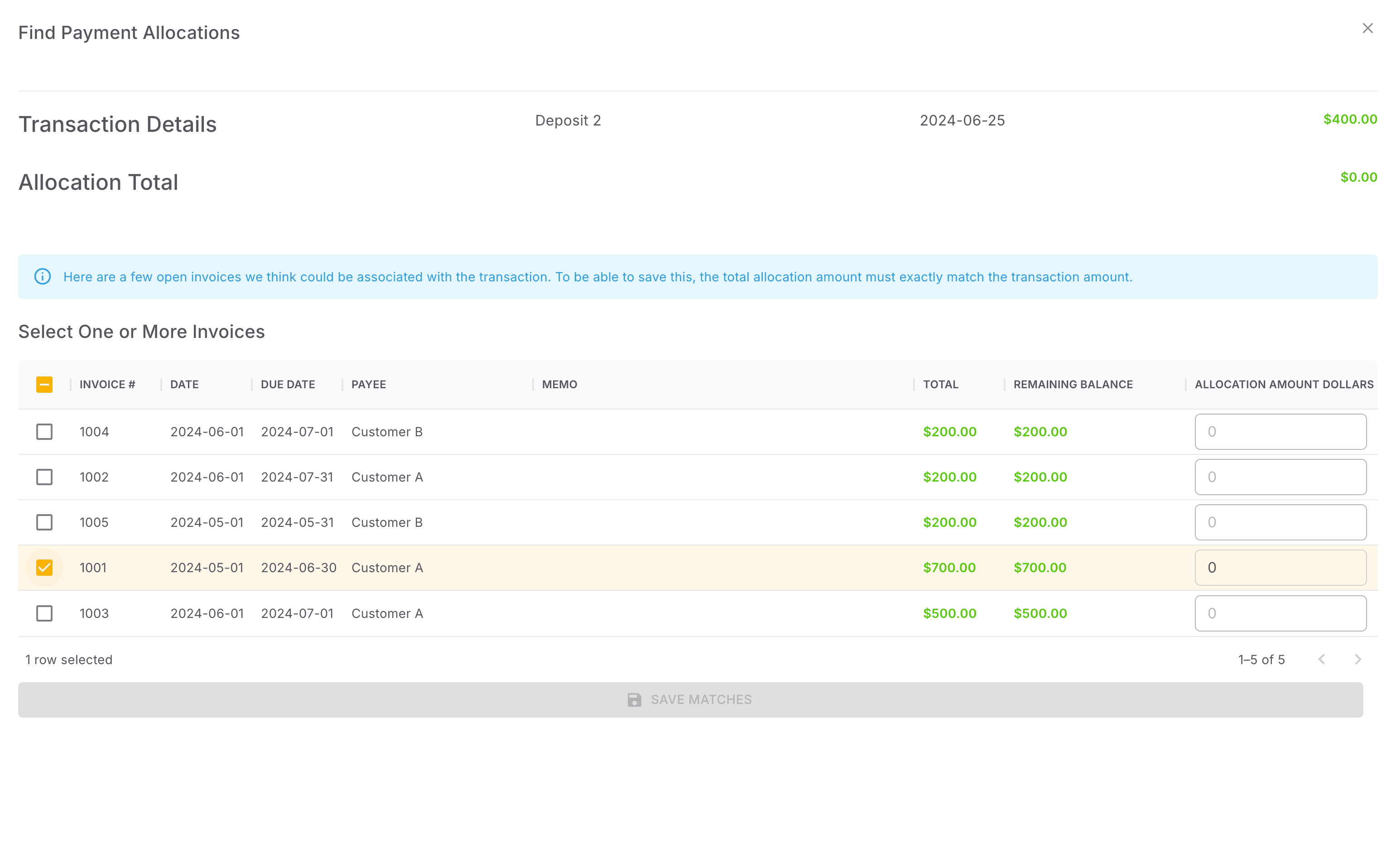 Screenshot showing Select invoice(s) and allocate to the payment