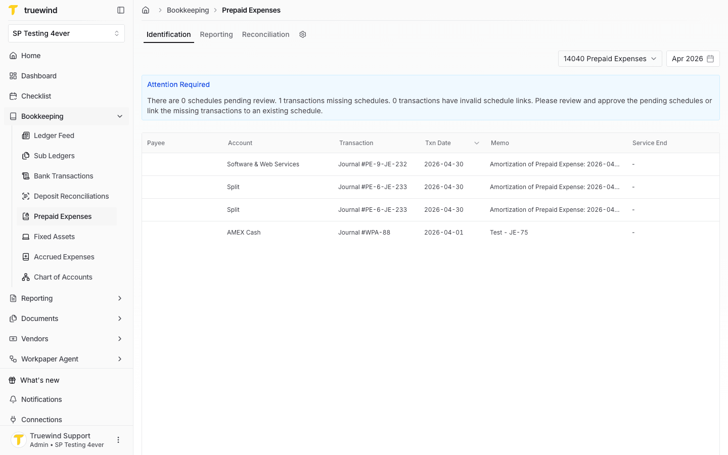 Screenshot showing the Prepaid Expenses workspace in Truewind