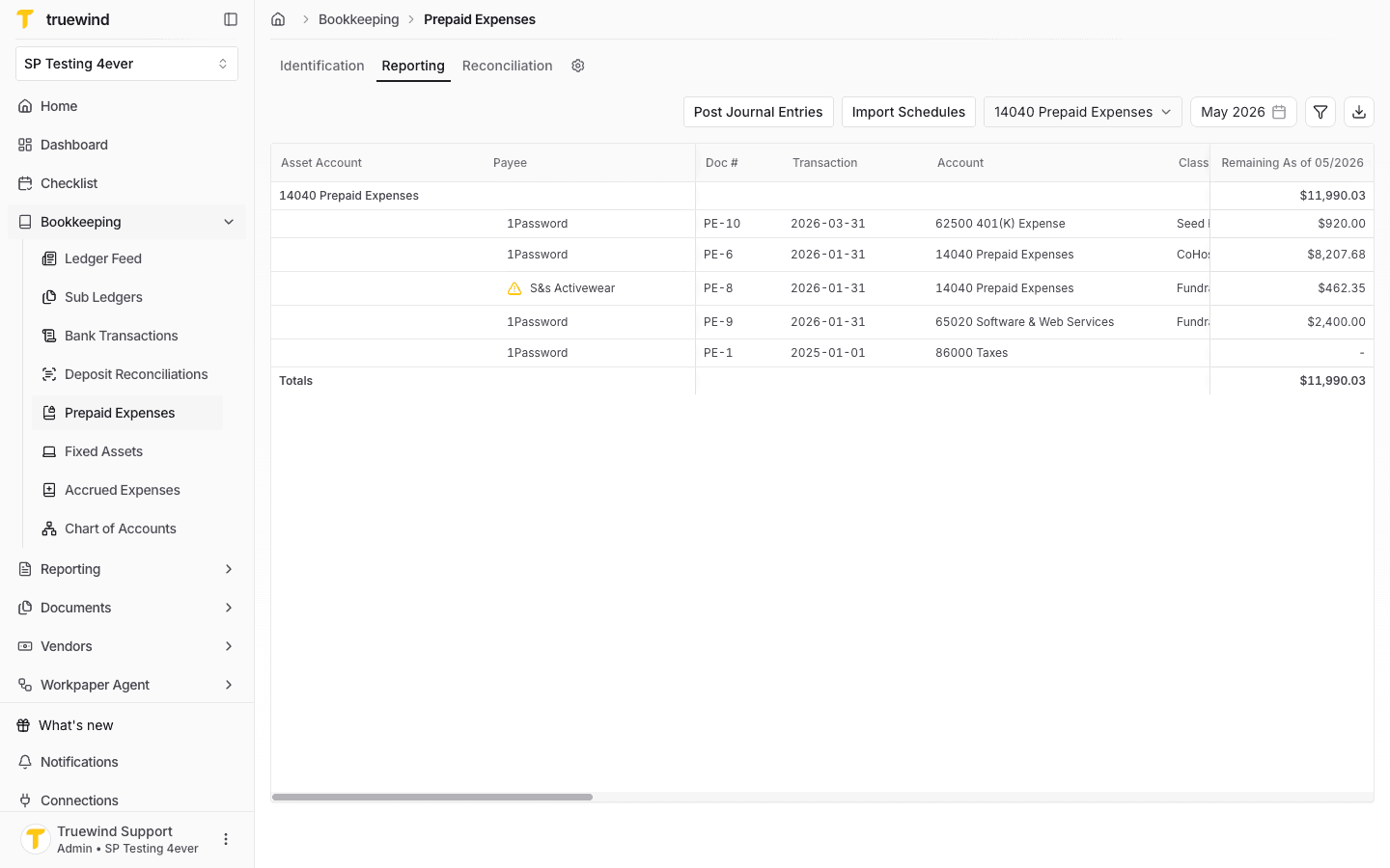 Screenshot showing the Reporting tab for Prepaid Expenses