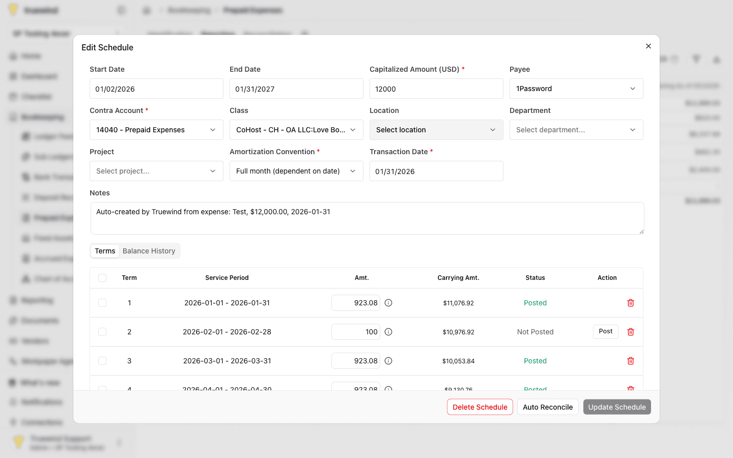 Screenshot showing prepaid schedule terms and the Post action