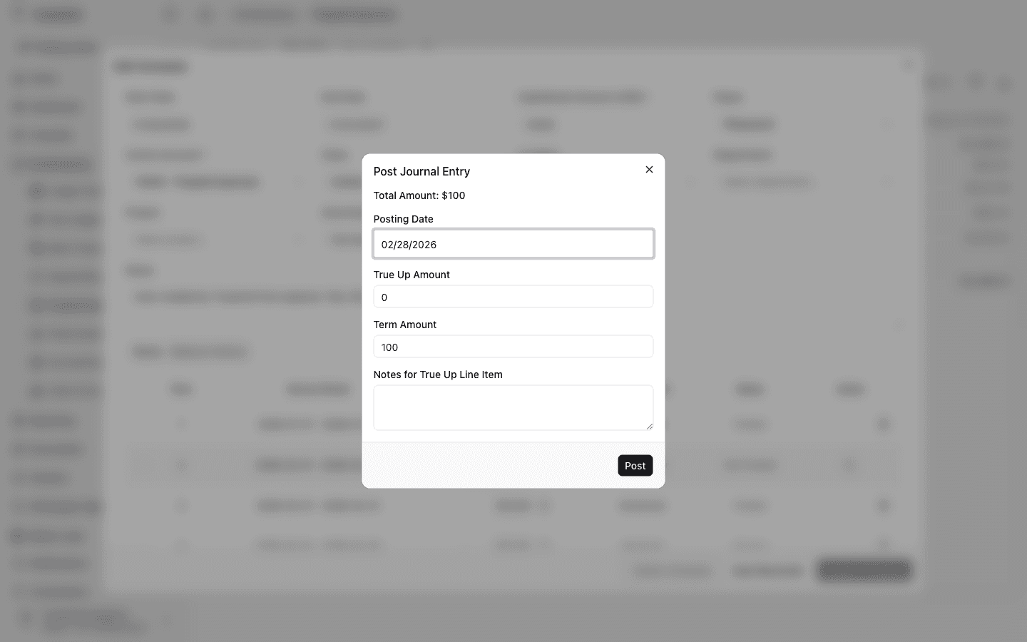 Screenshot showing the Post Journal Entry dialog in Truewind