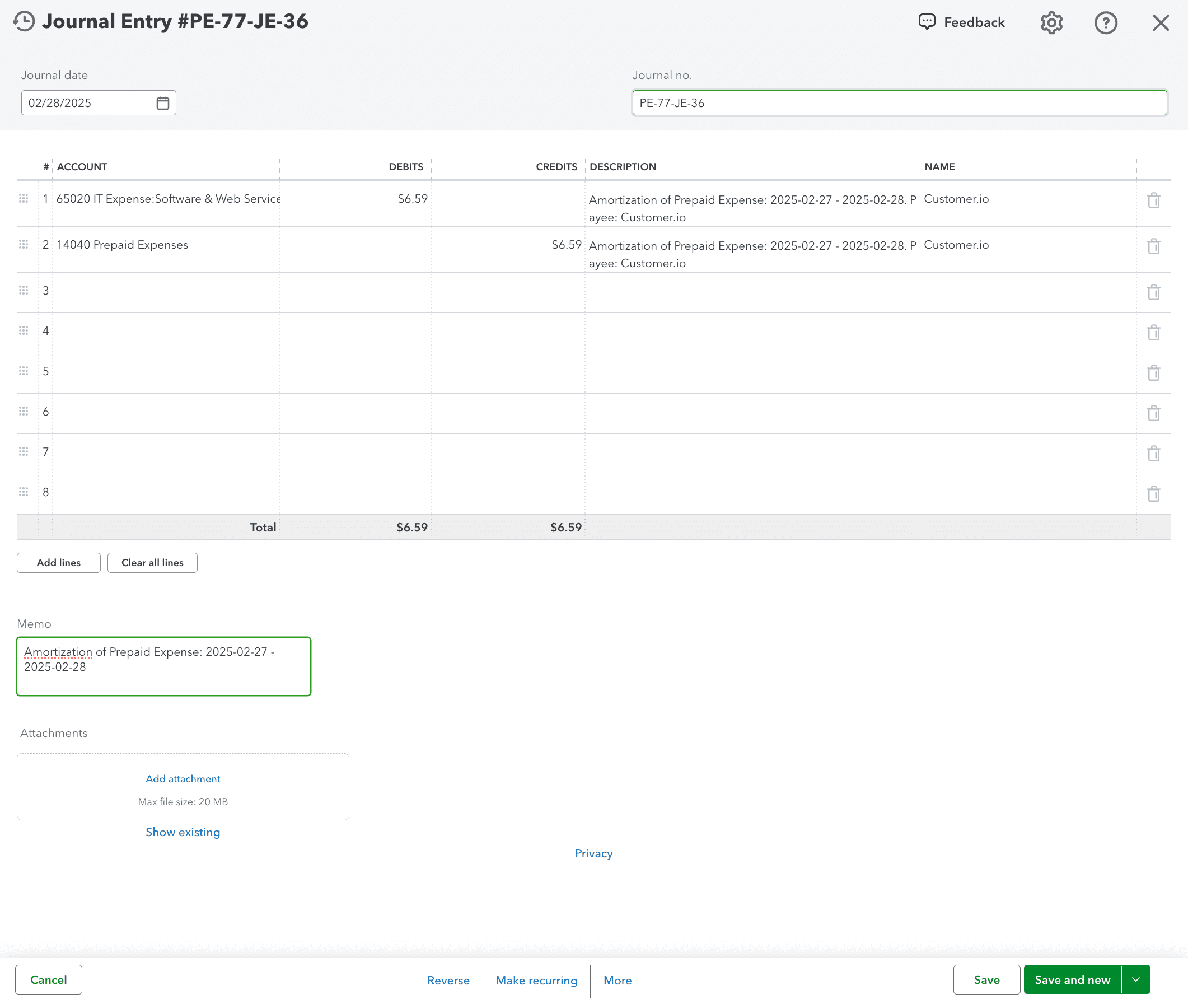 Screenshot showing the amortization journal entry in QuickBooks