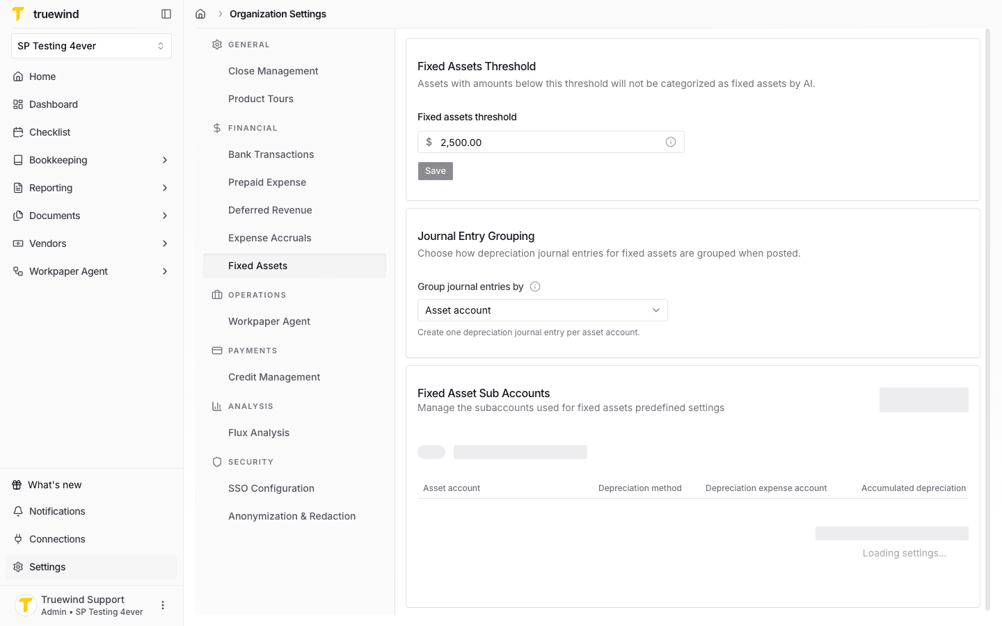 Fixed Assets settings page with posting behavior settings.