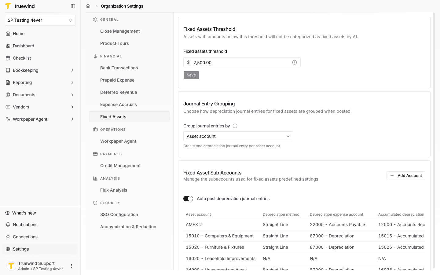 Fixed Assets bulk posting setting in organization settings.