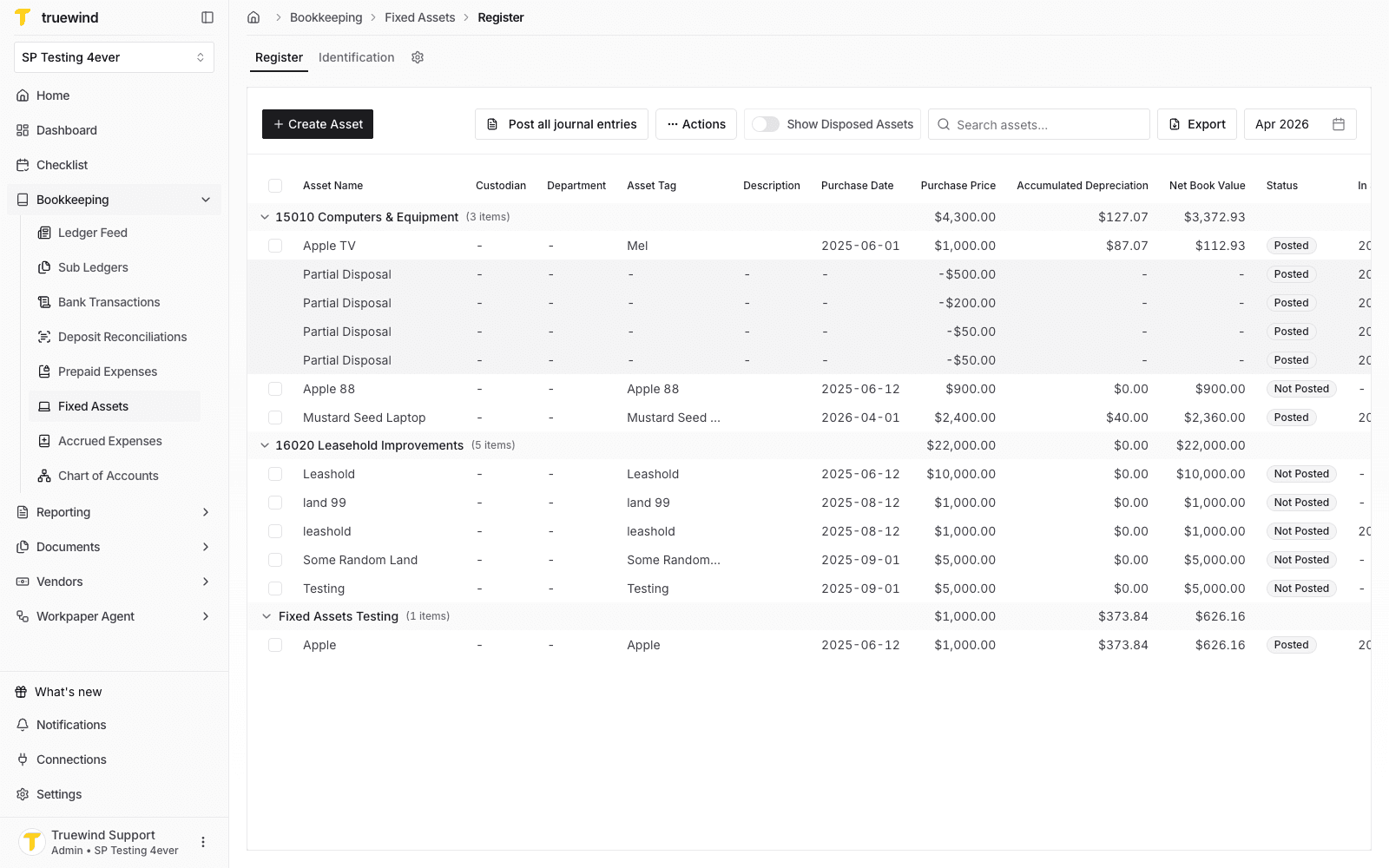 Fixed Assets register page with SP Testing 4ever selected.