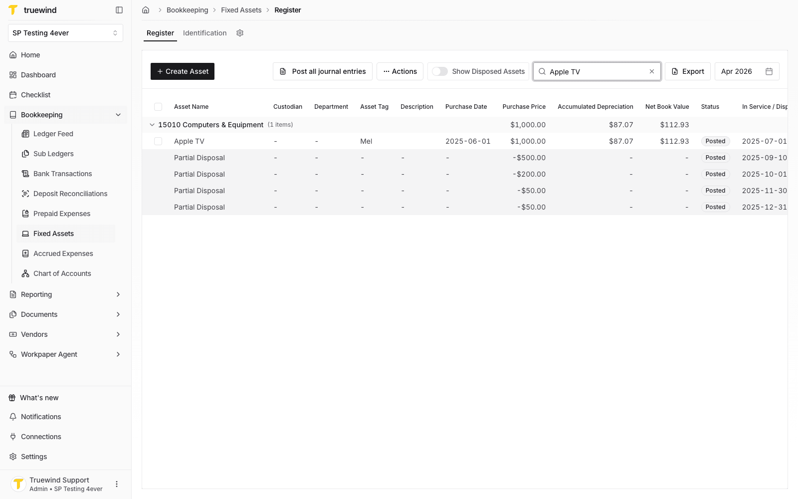 Fixed Assets register filtered to Apple TV with posted partial disposal rows visible.