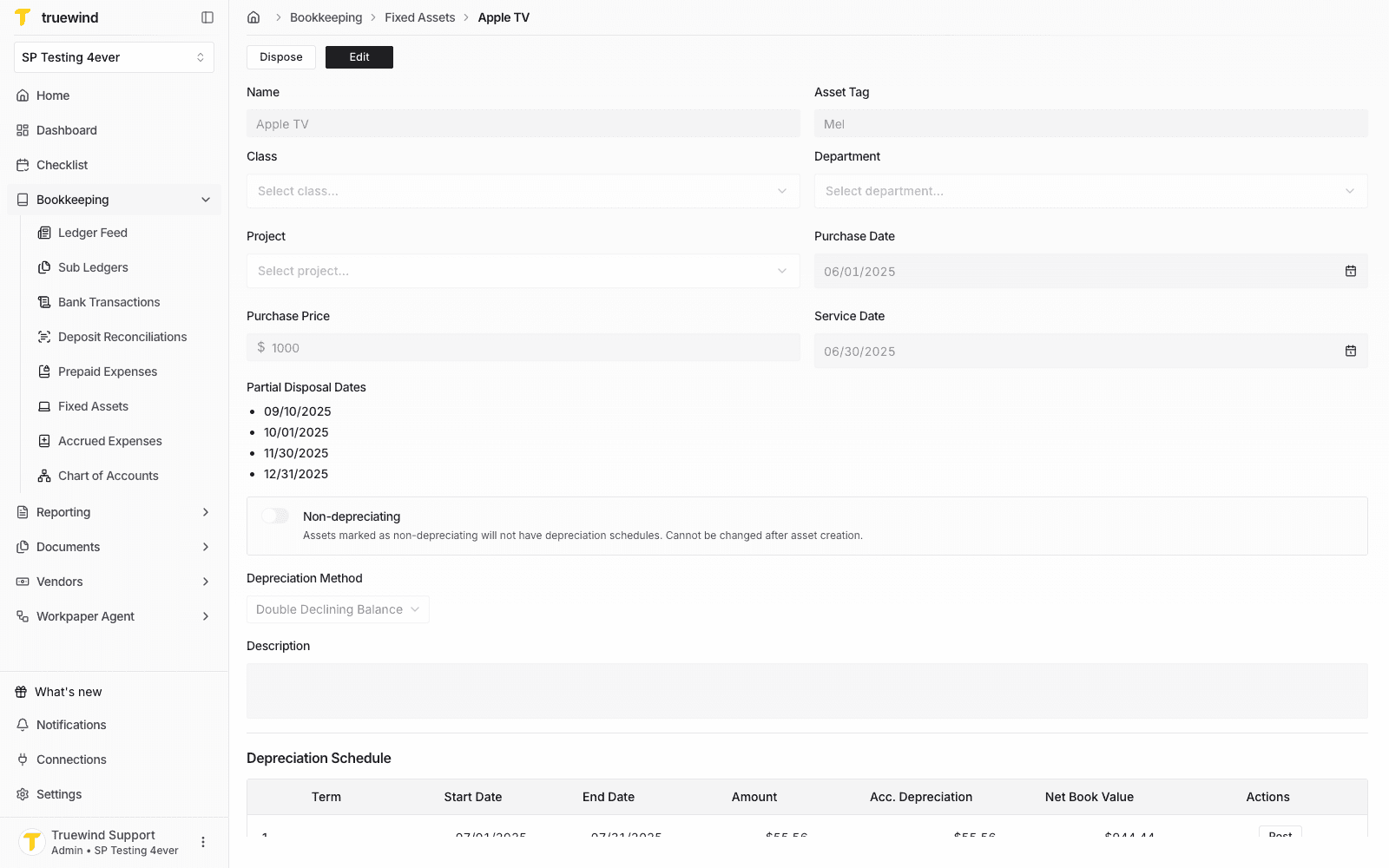 Apple TV depreciation schedule showing term amounts and posted status rows.