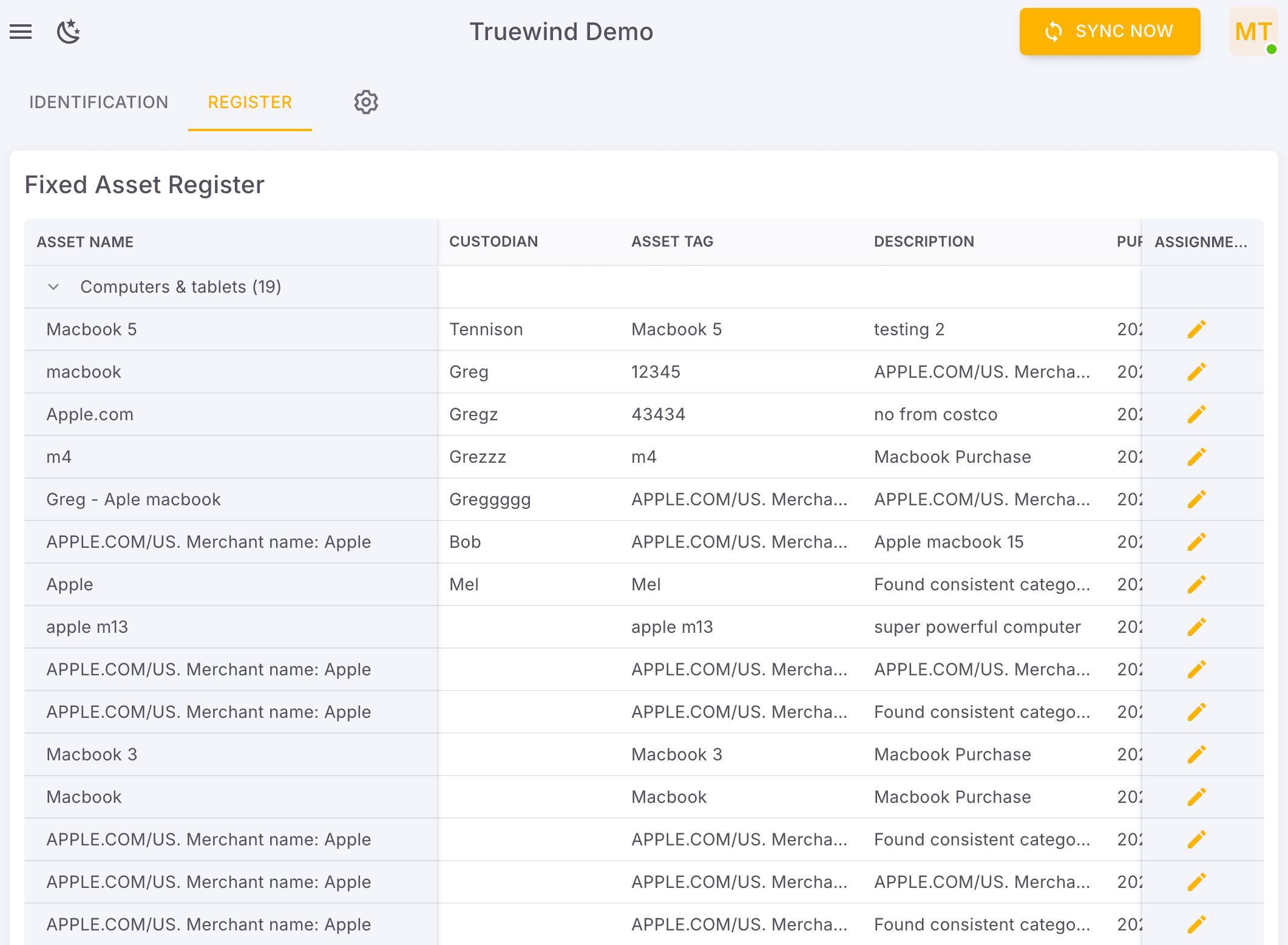 Screenshot showing You will find all registered Fixed Assets here