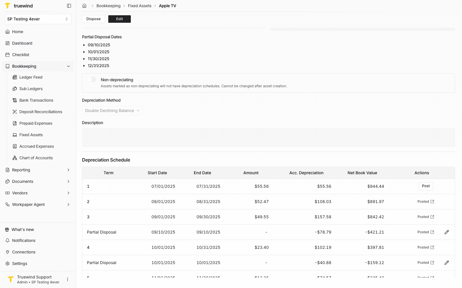 Depreciation schedule with a Post button available on an unposted term.