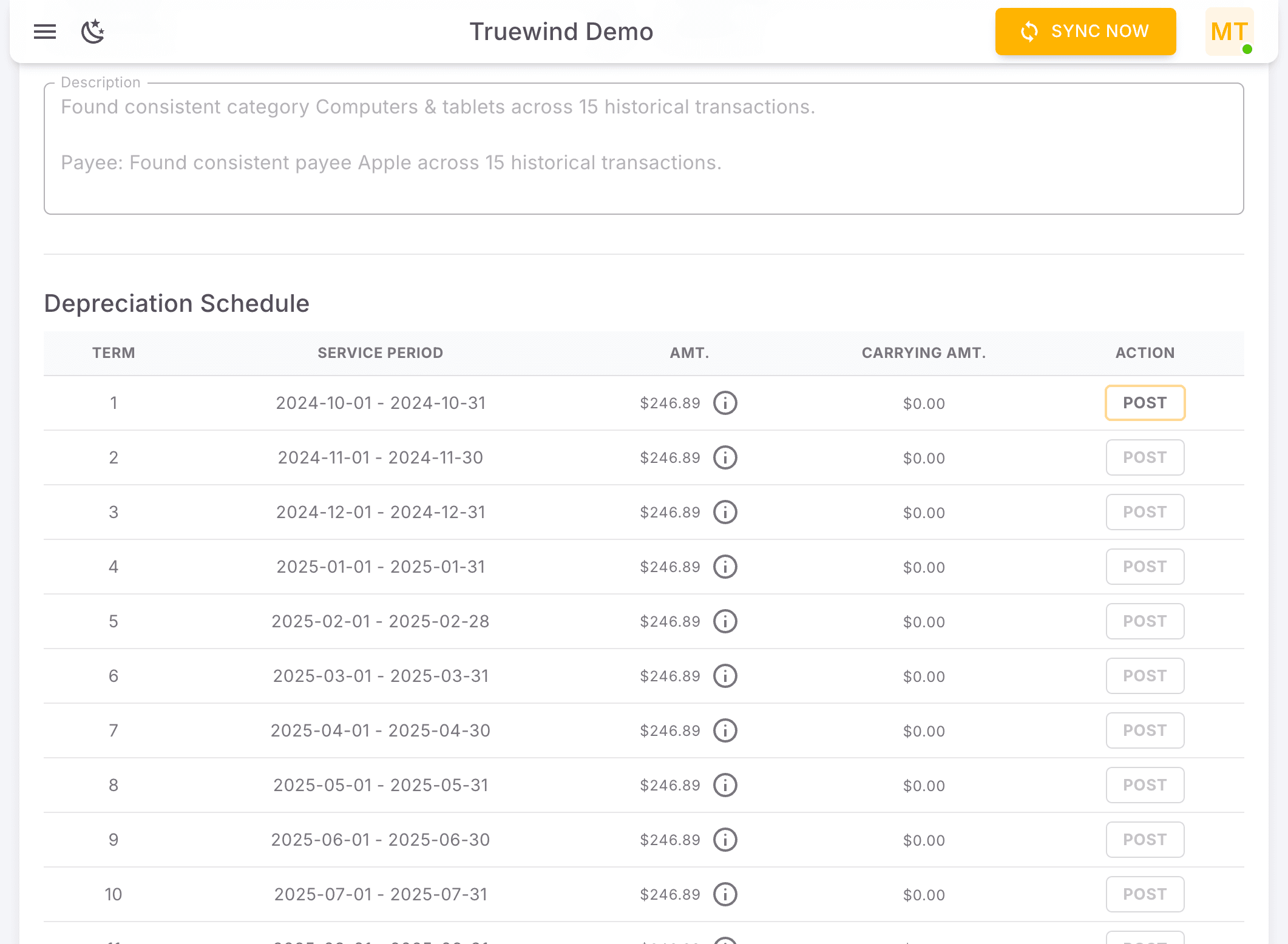 Screenshot showing You will find depreciation schedule based on the settings you created