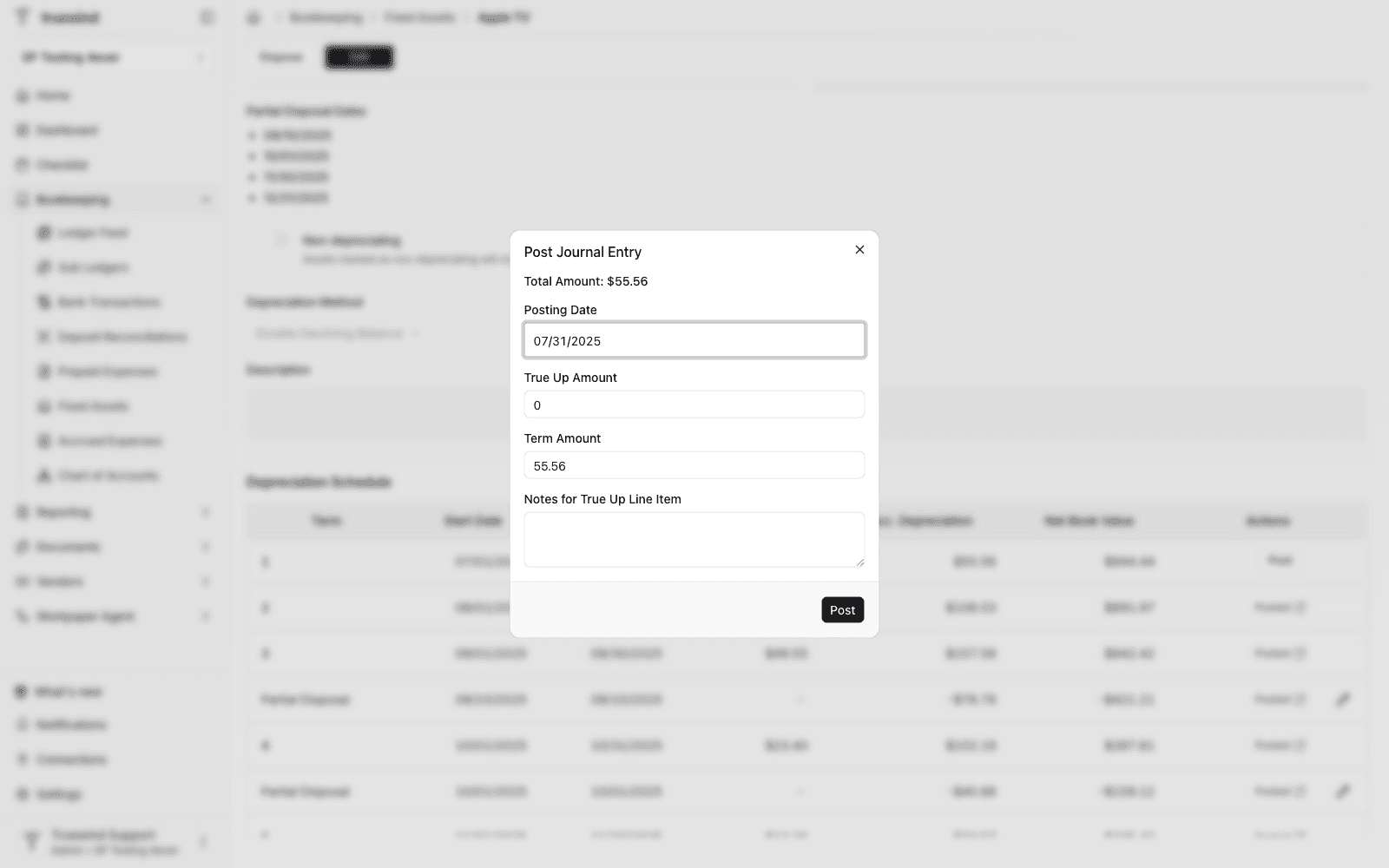 Post Journal Entry dialog showing true-up amount and term amount fields.