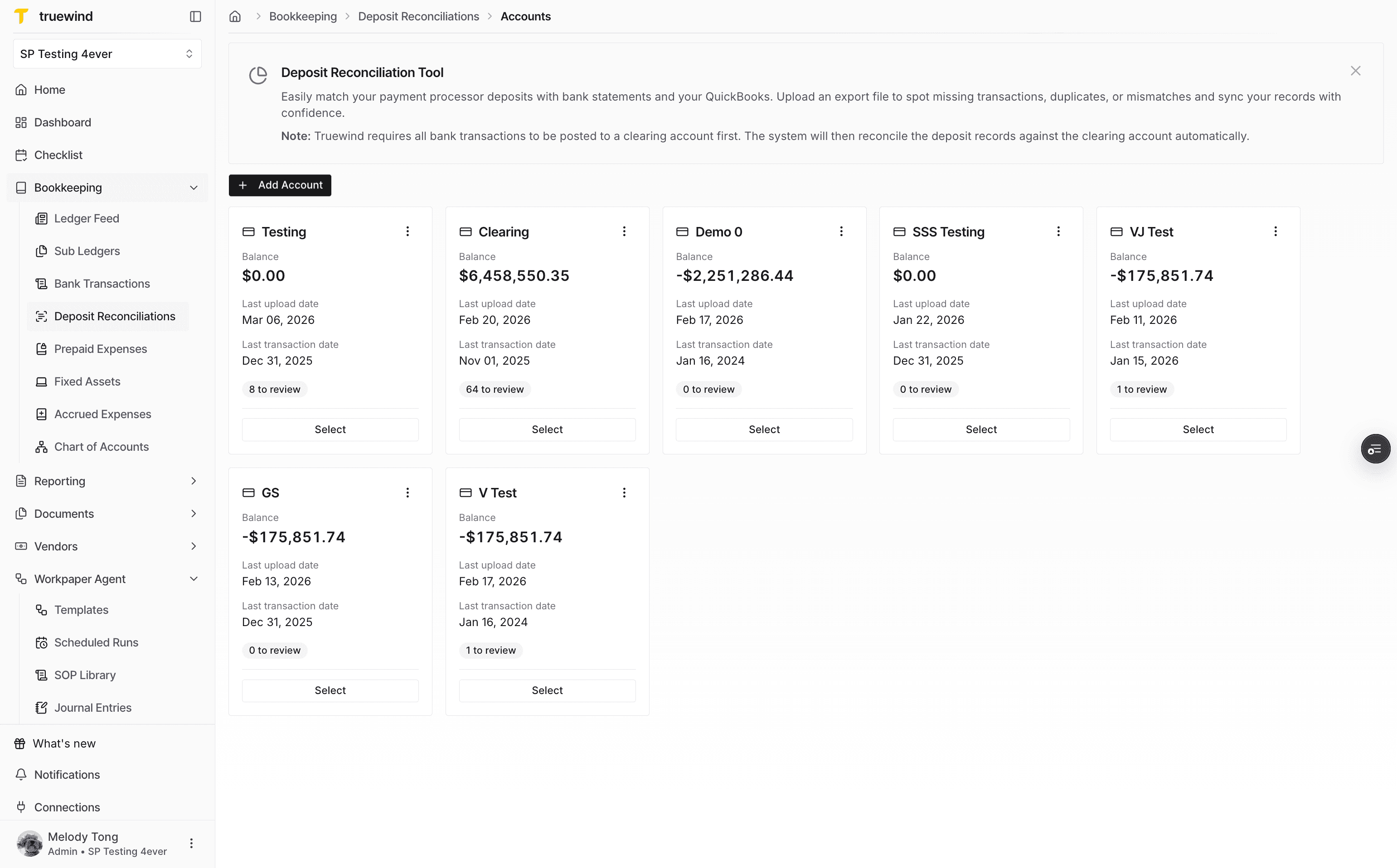 Screenshot showing Deposit Reconciliations and Add Account