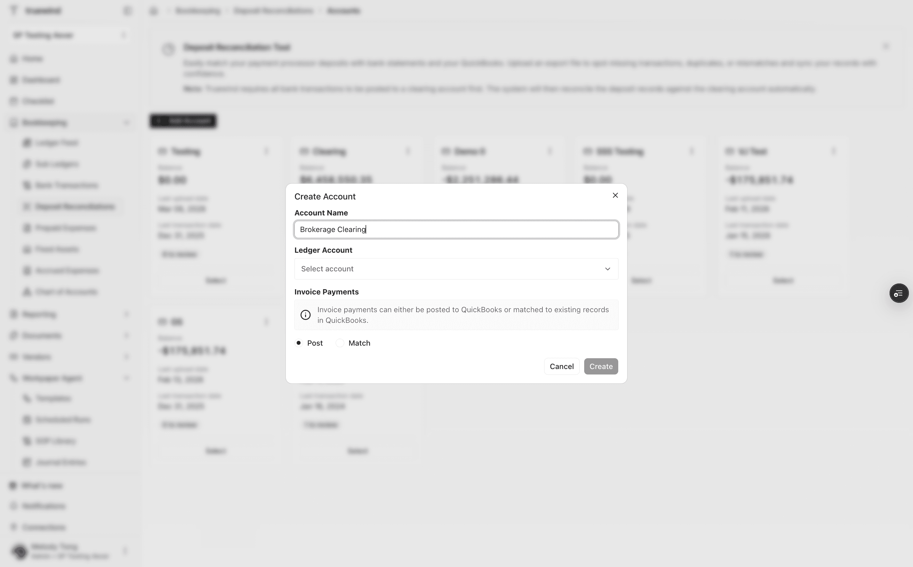 Screenshot showing the Deposit Reconciliation account name field