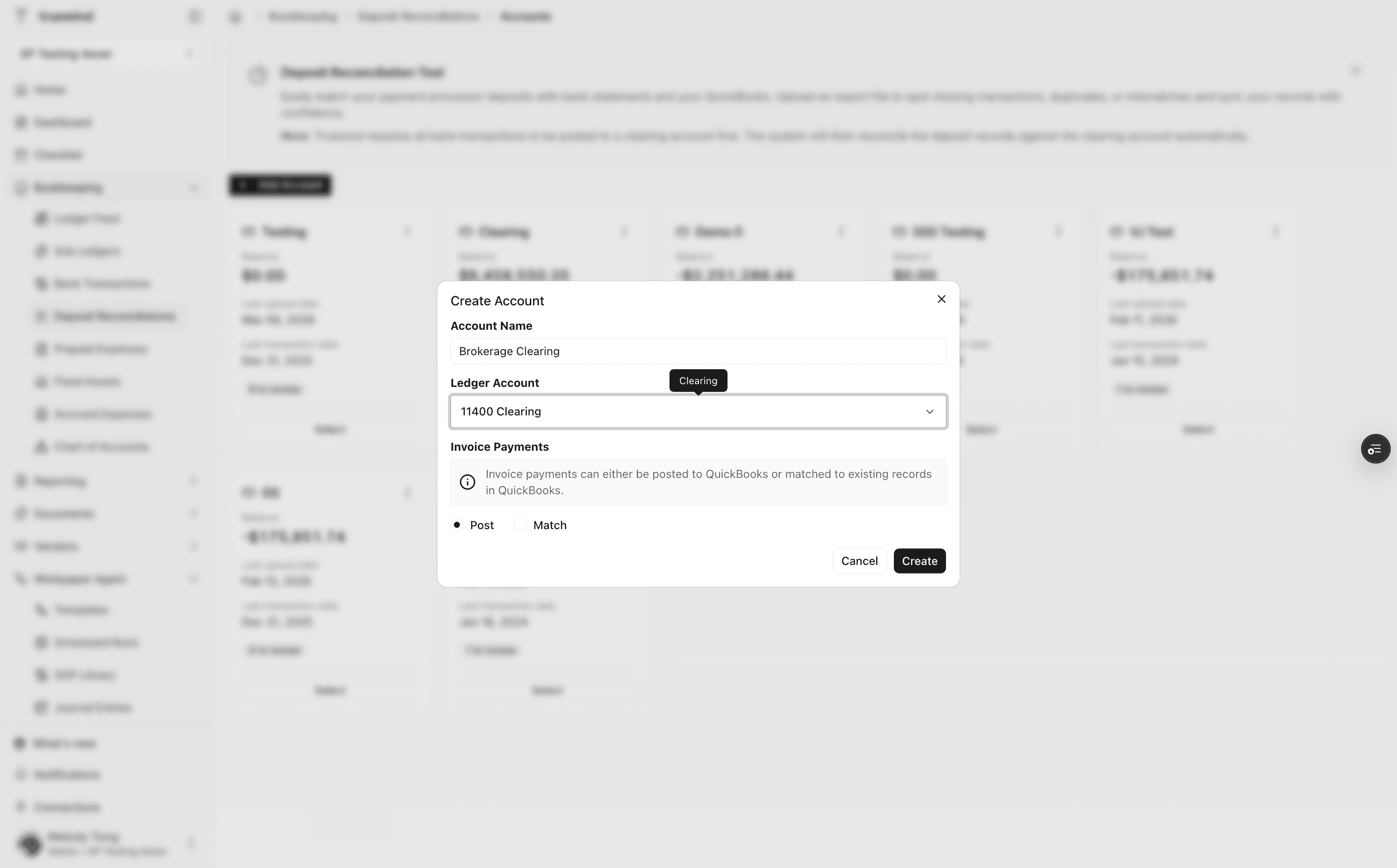 Screenshot showing the Create button for a Deposit Reconciliation account