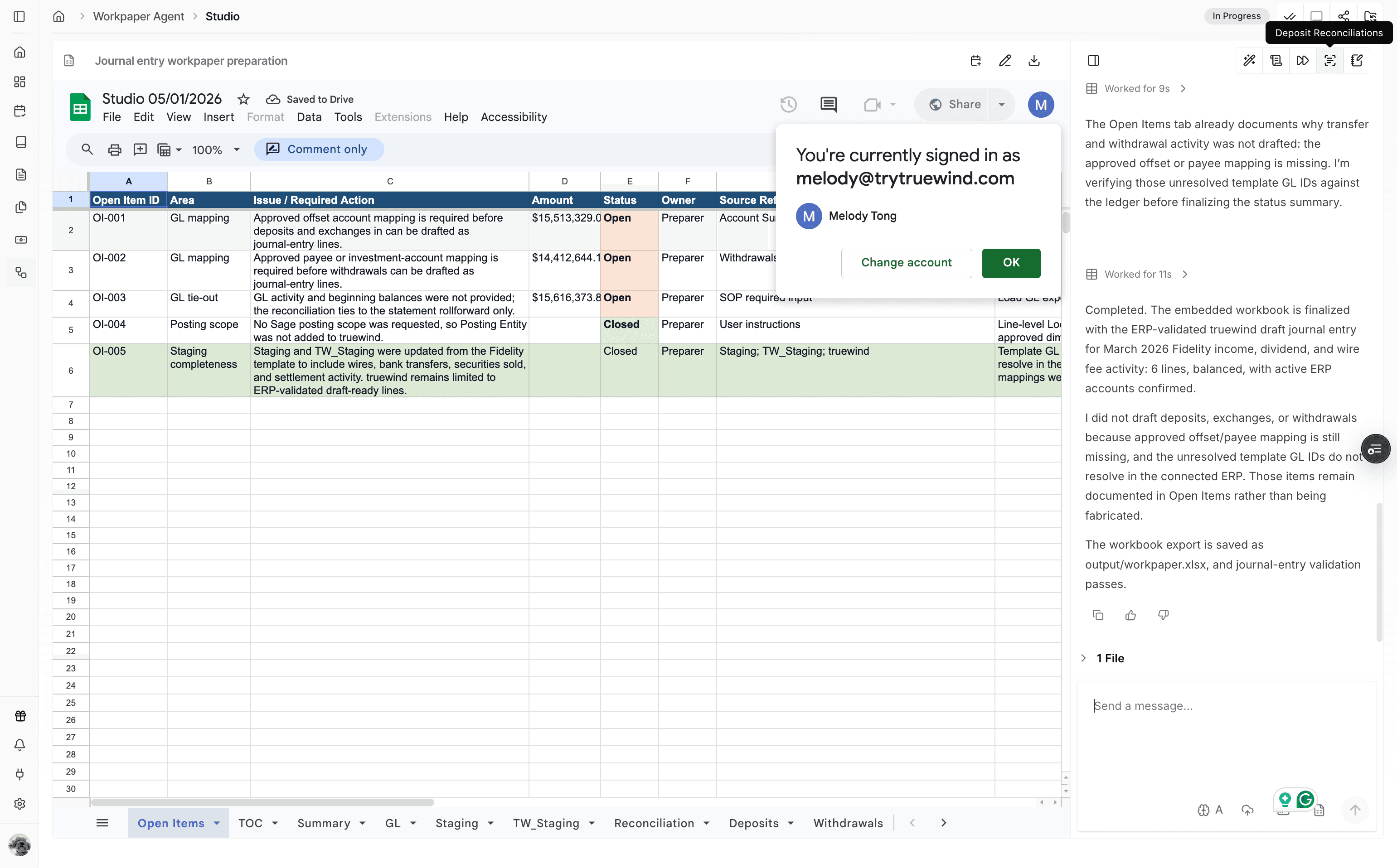 Screenshot showing Deposit Reconciliations in Workpaper Agent