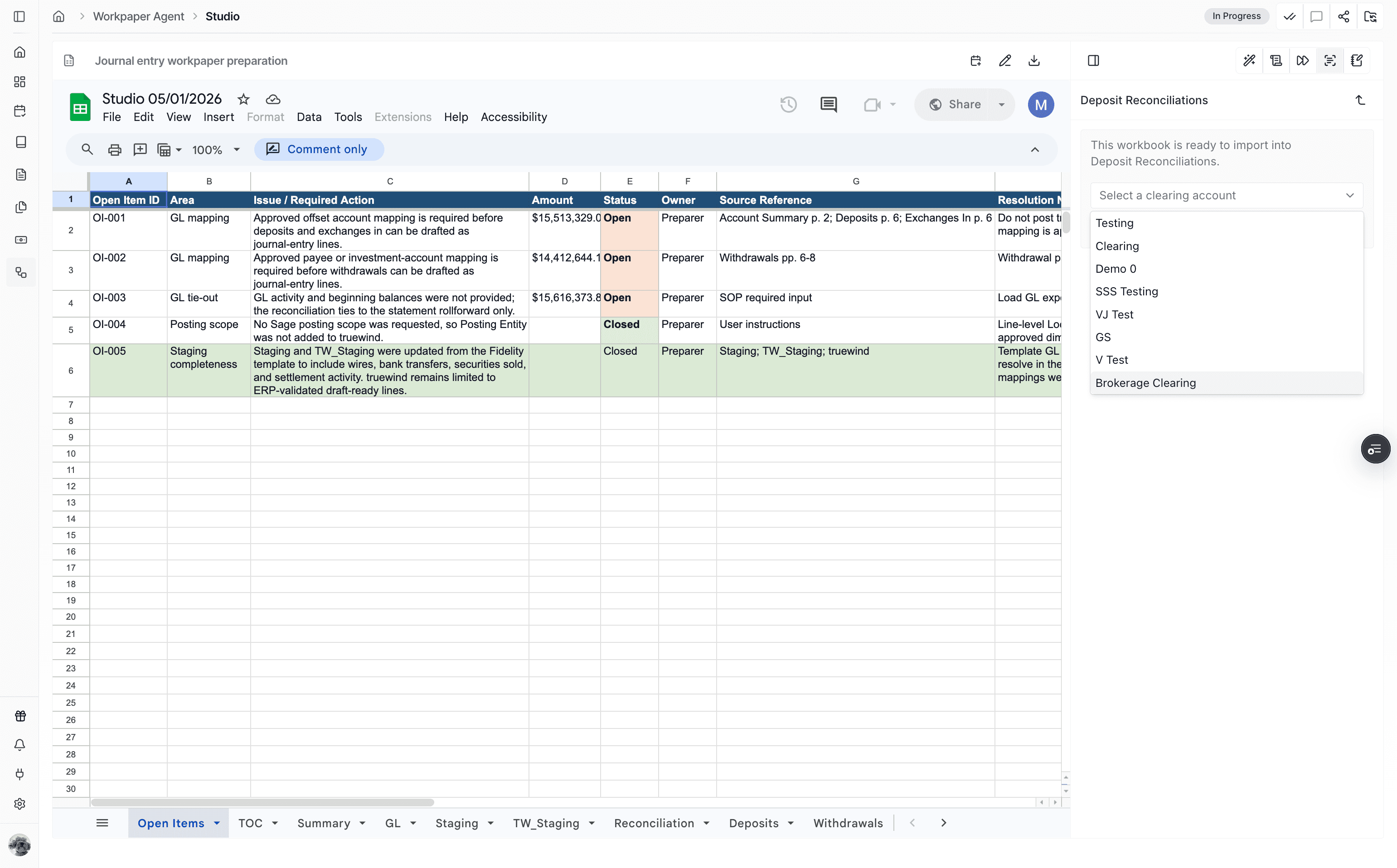 Screenshot showing the clearing account selector