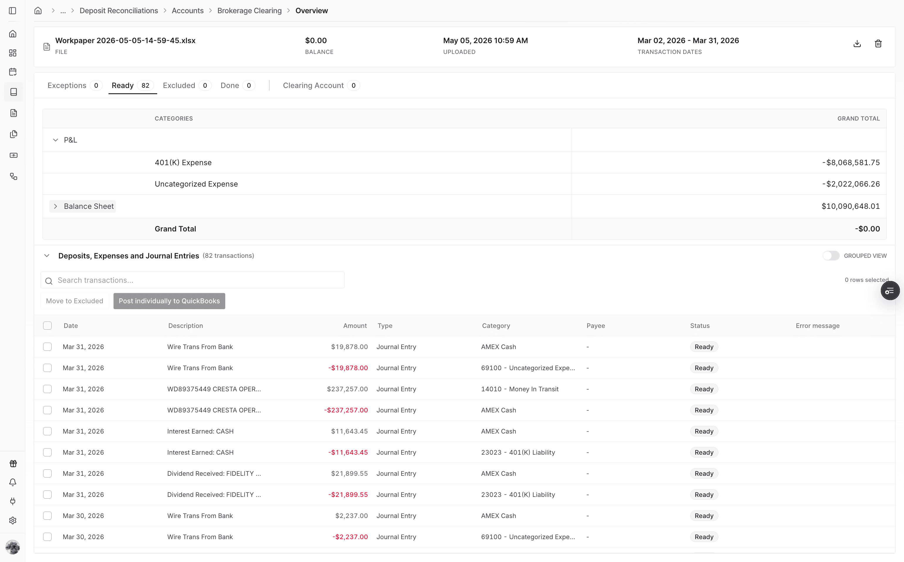 Screenshot showing imported totals on the Ready tab