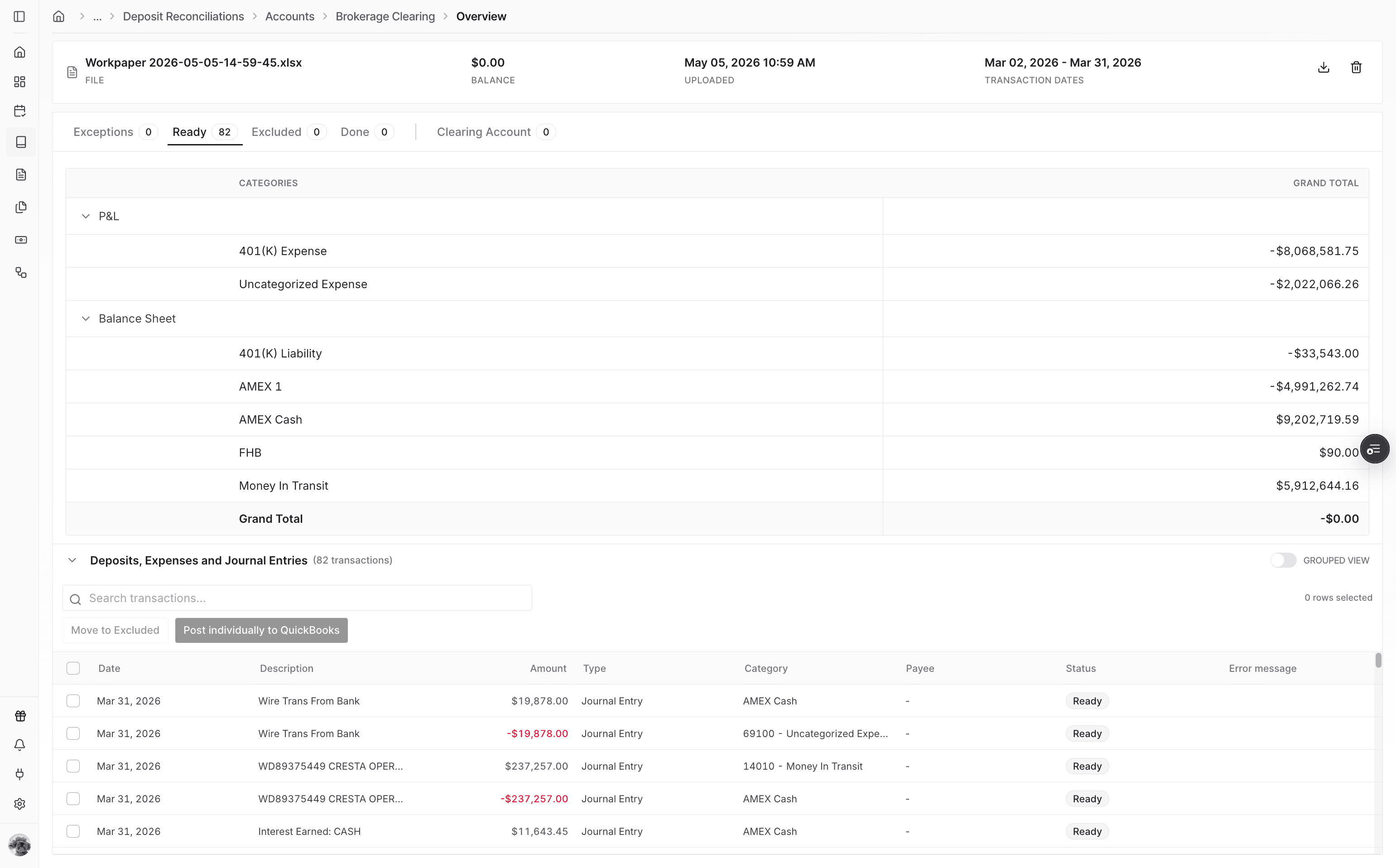 Screenshot showing imported transactions with Ready status