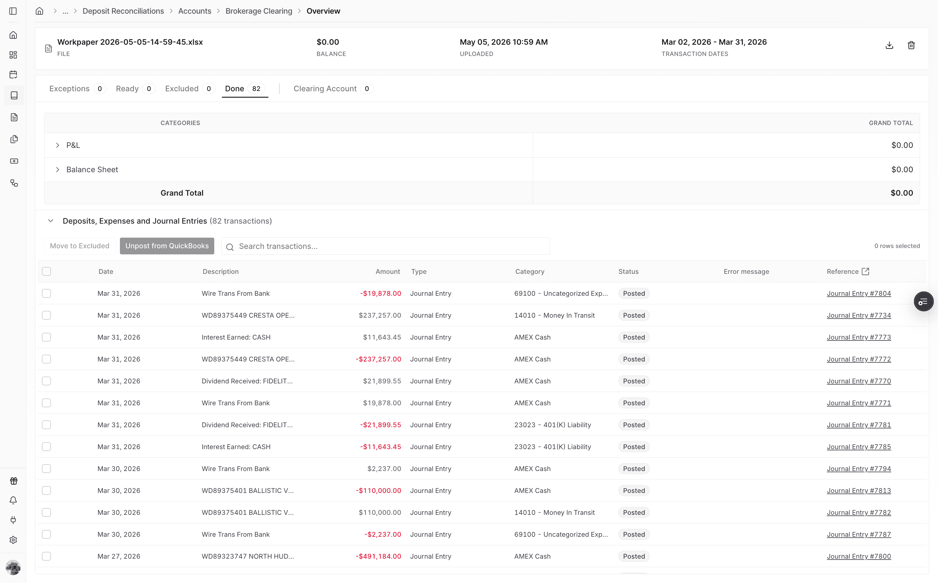 Screenshot showing posted transactions on the Done tab